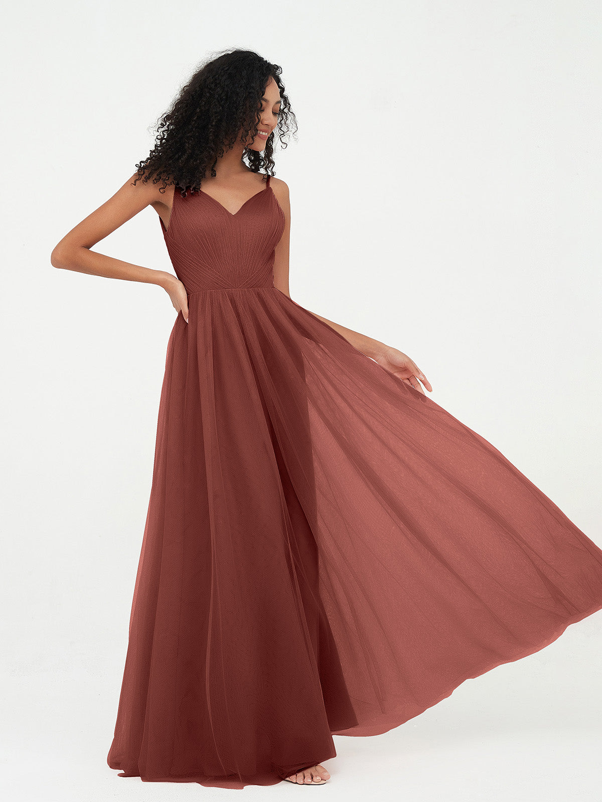 Vestidos largos de tul plisado con tirantes spaghetti Terracota Tallas Grandes