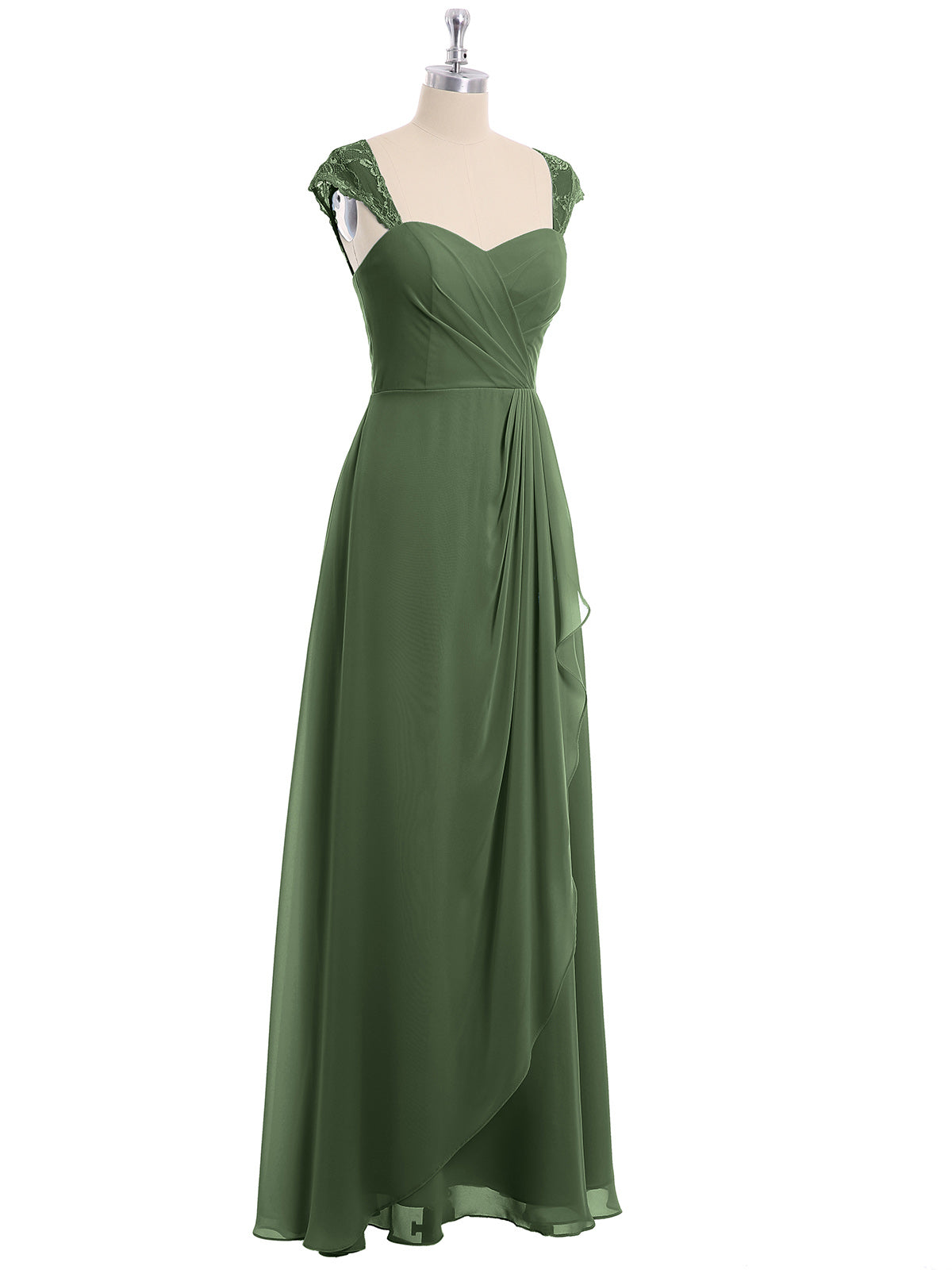Vestidos de dama de honor de chiffon con mangas cap de encaje Verde Oliva