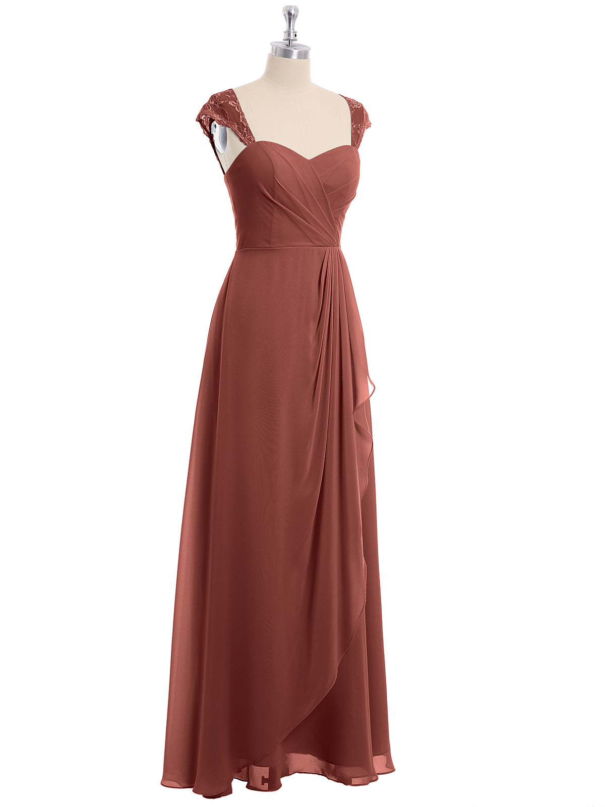 Vestidos de dama de honor de chiffon con mangas cap de encaje Terracota Tallas Grandes