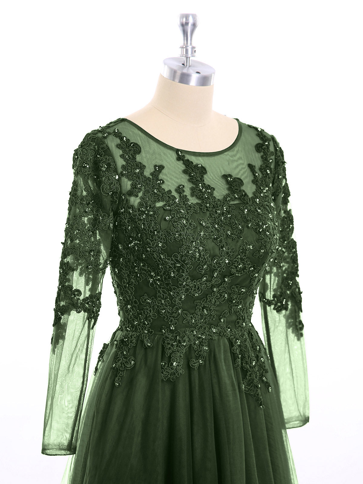 Martha Tul Aplicado Largo Mangas Vestido Verde Oliva