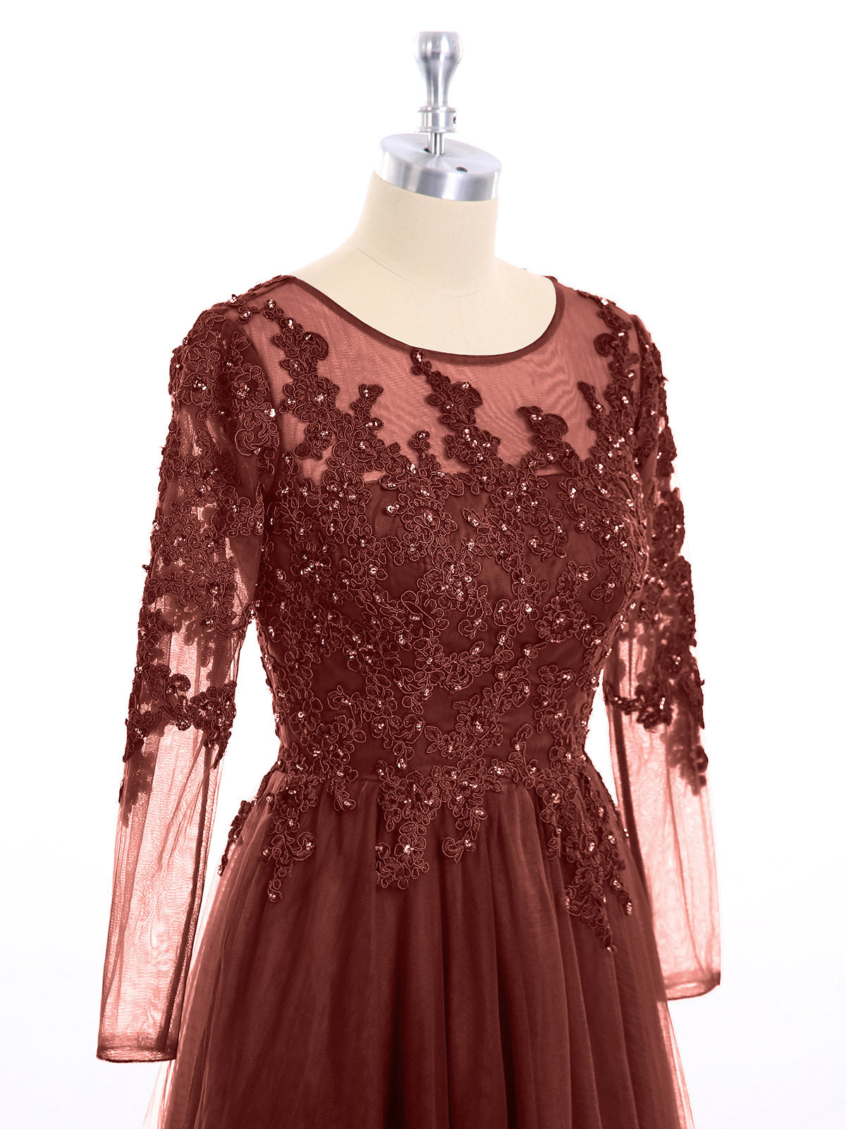 Martha Tul Aplicado Largo Mangas Vestido Terracota