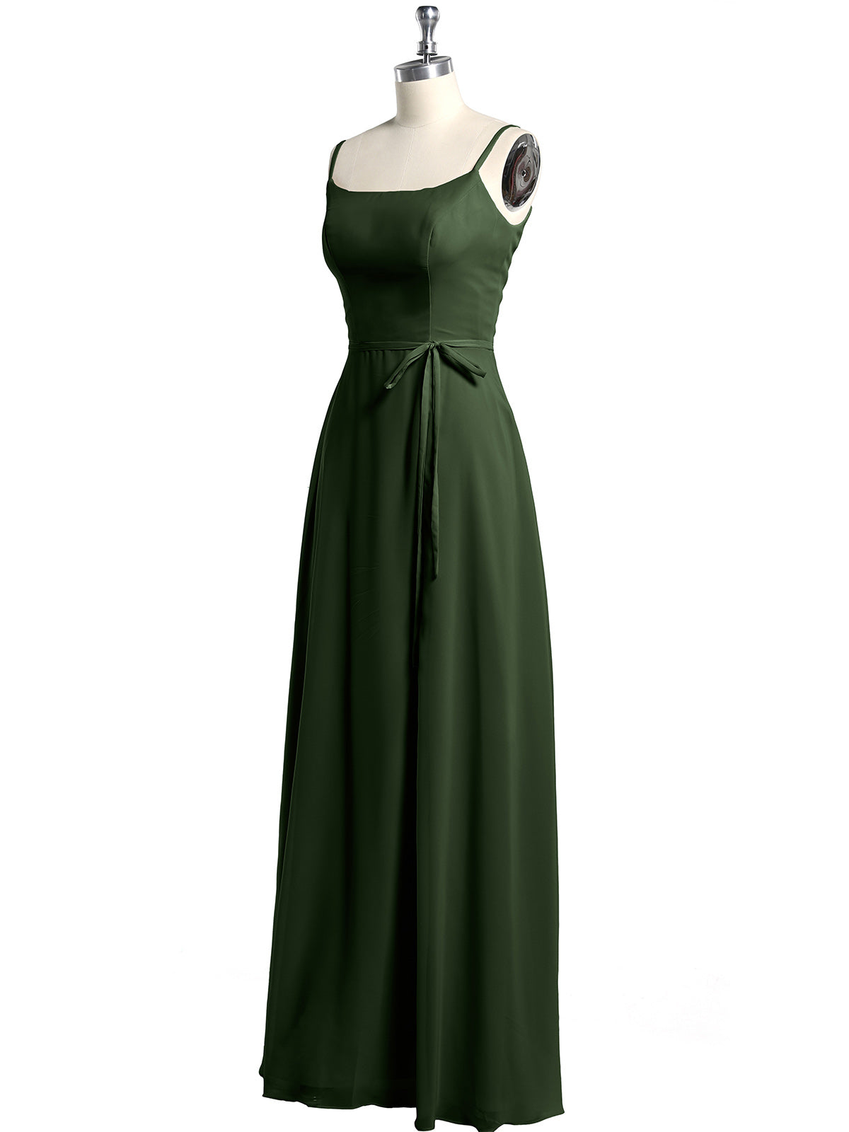 Sencillos vestidos largos de chiffon con tirantes finos y abertura Verde Oliva Tallas Grandes