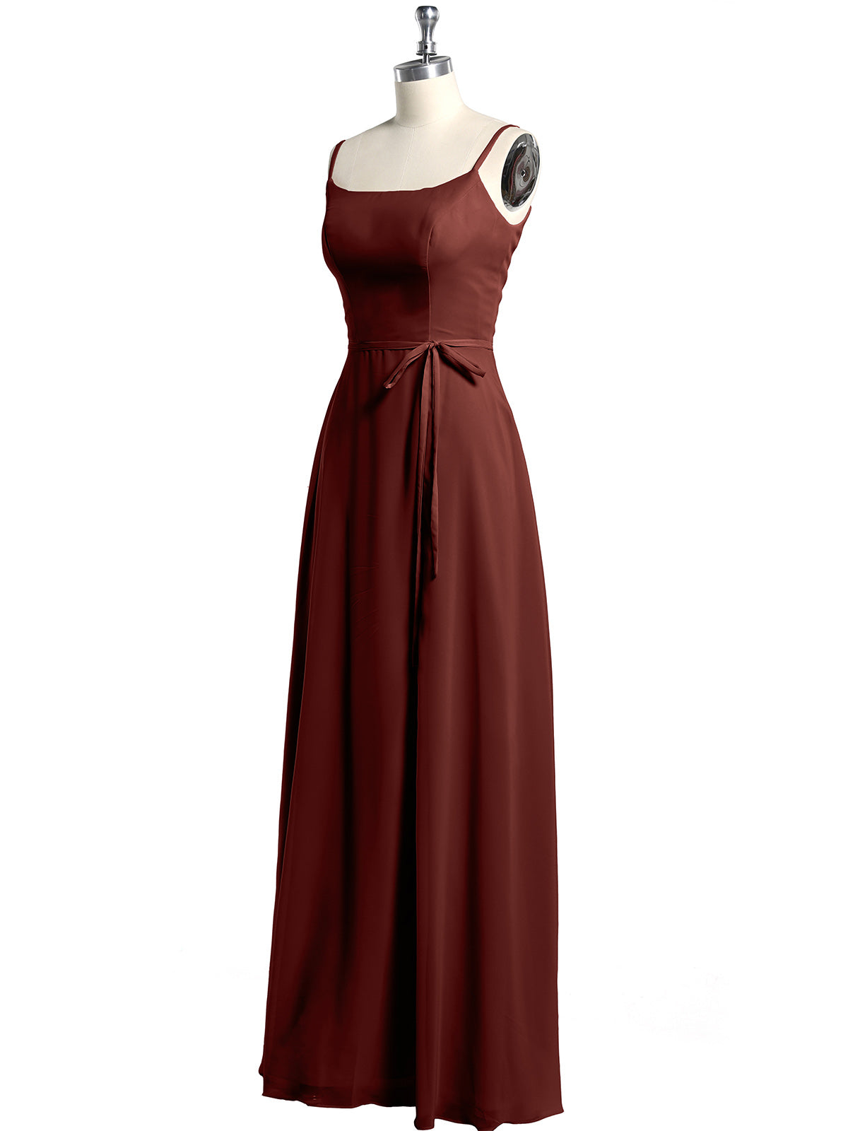 Sencillos vestidos largos de chiffon con tirantes finos y abertura Terracota Tallas Grandes