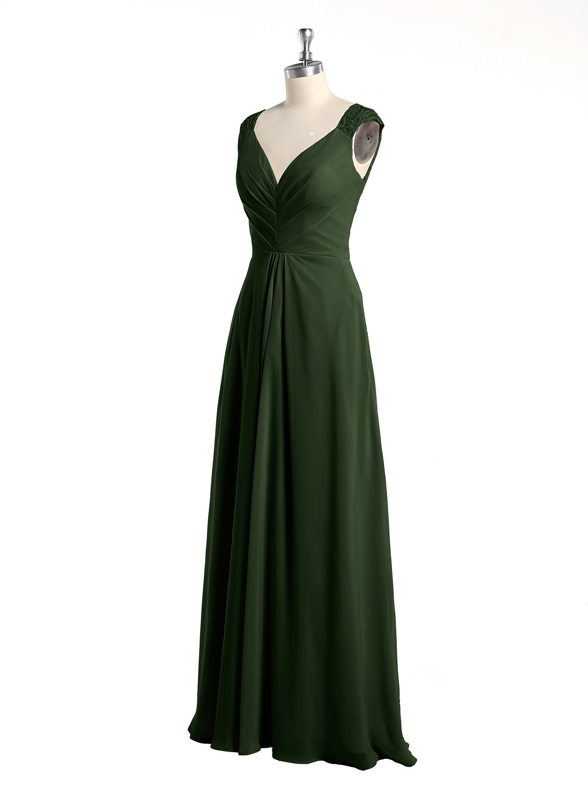 Vestidos de chiffon con tirantes de encaje y escote en V con bolsillos Verde Oliva
