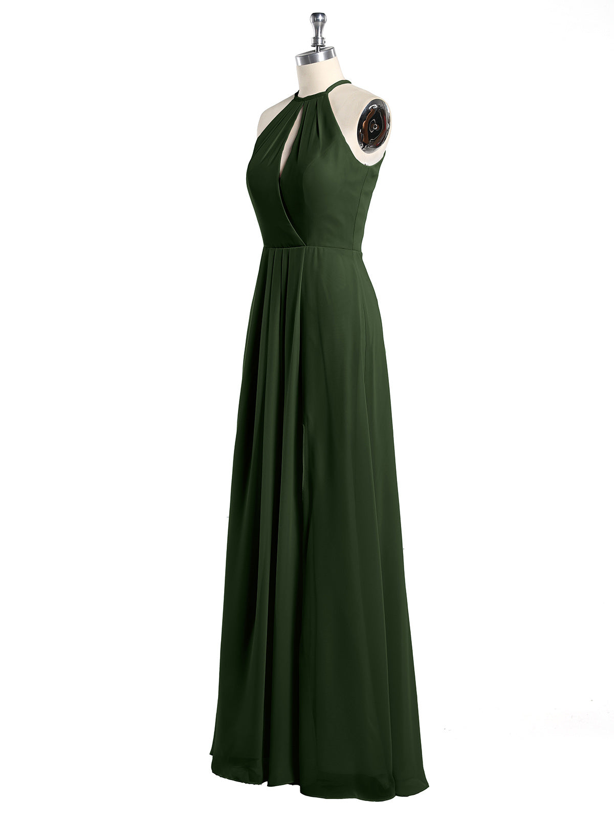 Vestidos largos de chiffon estilo halter con abertura Verde Oliva