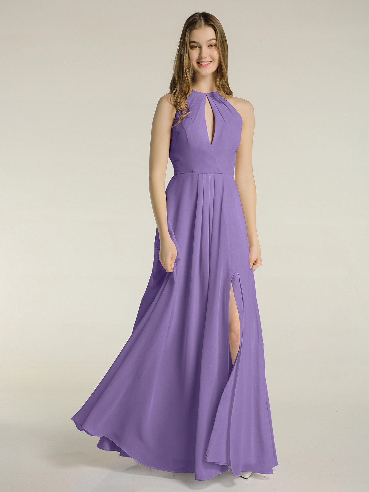 Vestidos largos de chiffon estilo halter con abertura Tahití