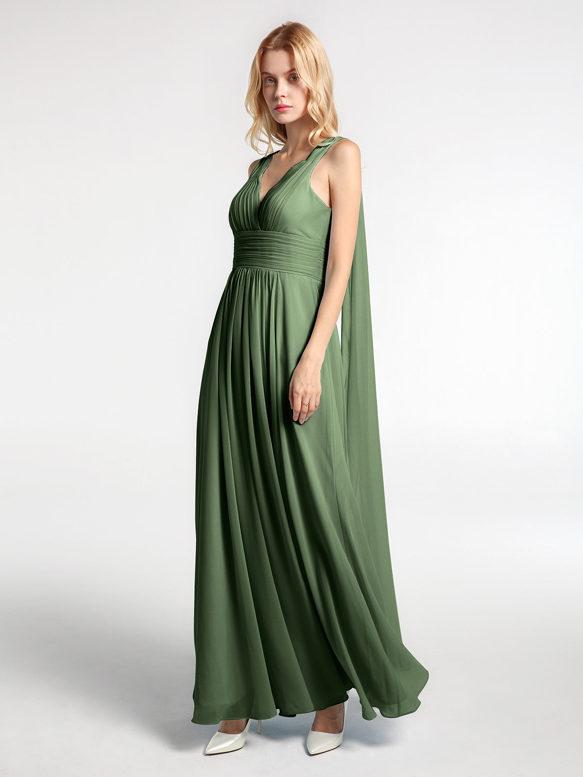 Vestido de chiffon con escote en V y tiras traseras decorativas Verde Oliva