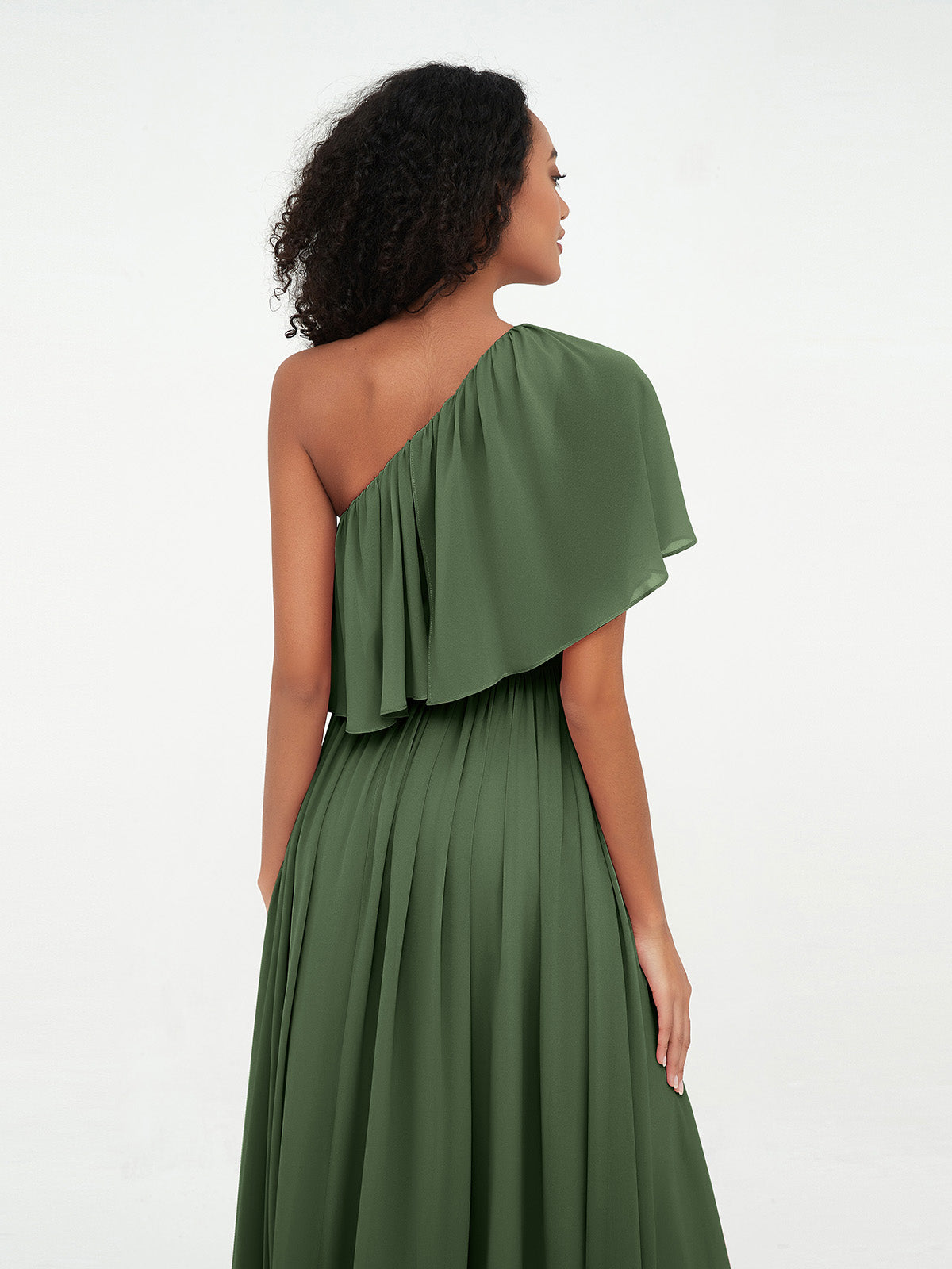Vestidos largos de chiffon de un hombro con bolsillos Verde Oliva Tallas Grandes