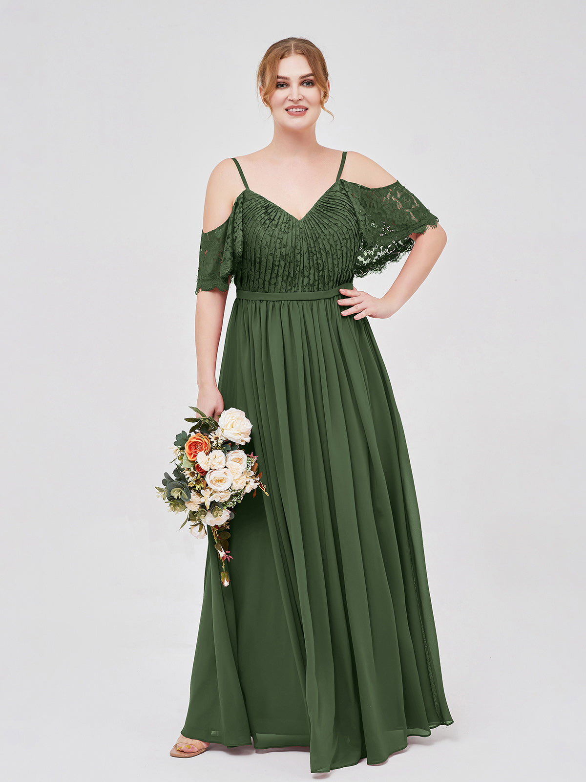 Miranda Tirante Espagueti Encaje Y Gasa Vestido Verde Oliva