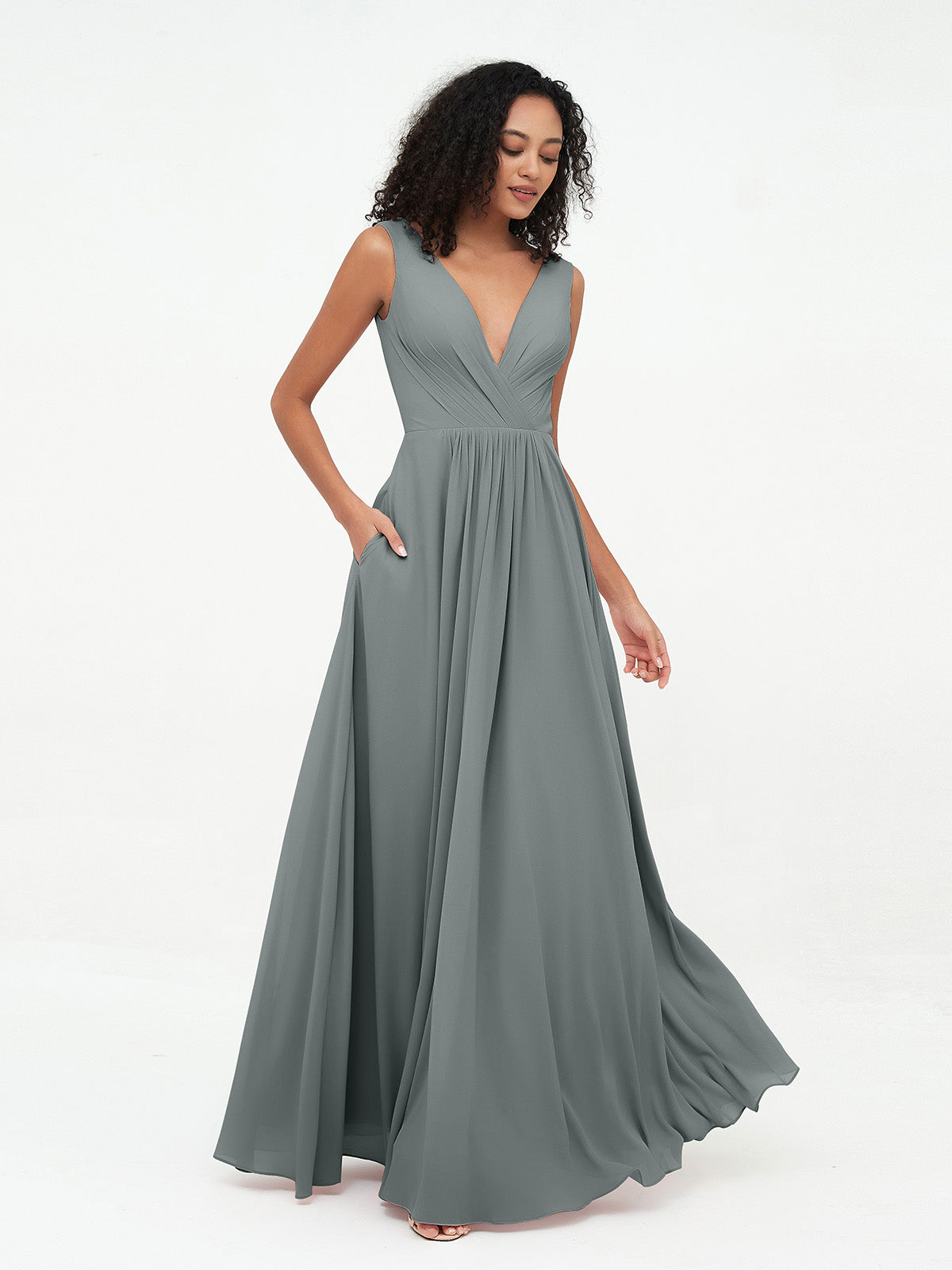 Vestidos largos de chiffon con escote en V y bolsillos Gris Acero