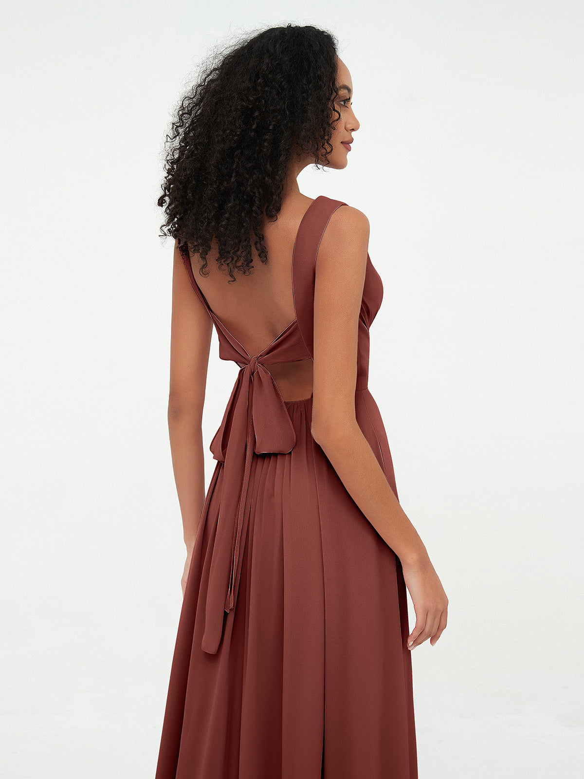 Vestidos largos de chiffon con escote en V y bolsillos Terracota