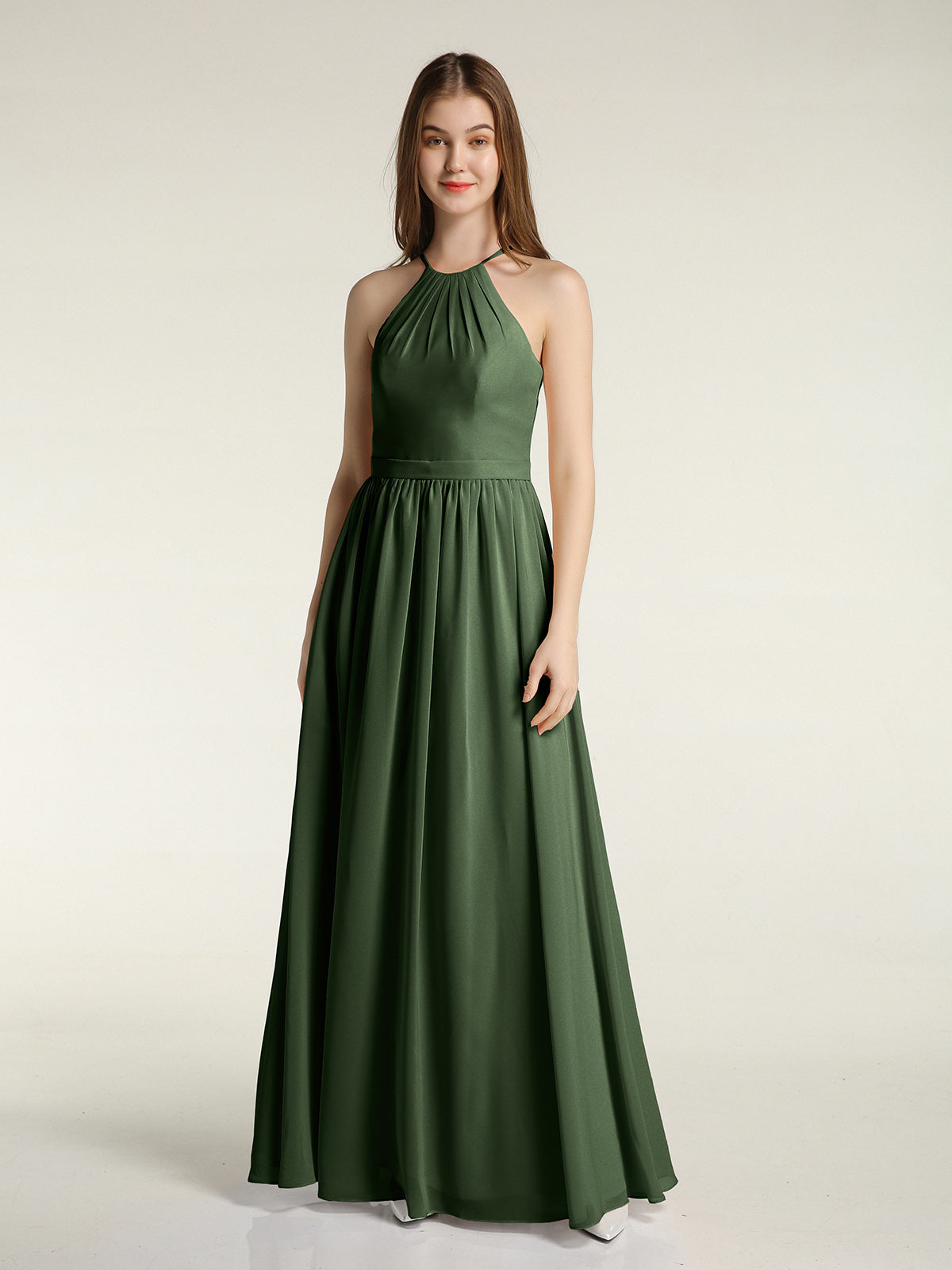 Vestidos largos de dama de honor estilo halter de chiffon Verde