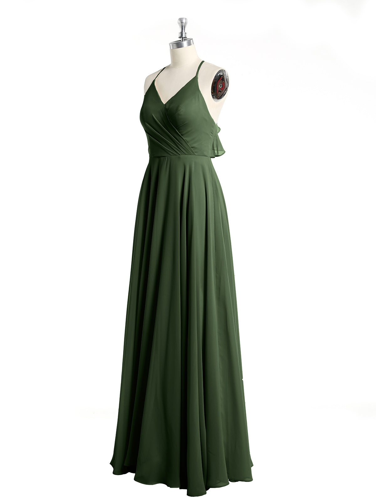 Vestidos de dama de honor de chiffon con escote en V y espalda cruzada Verde Oliva