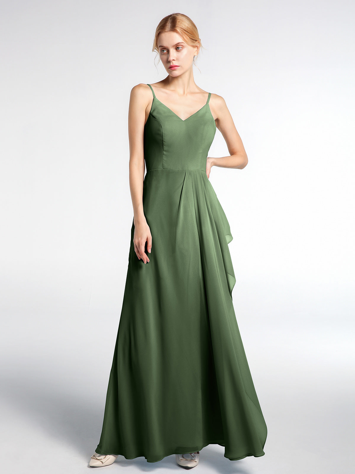 Vestido maxi simple de chiffon con escote en V y tirantes finos Verde Oliva