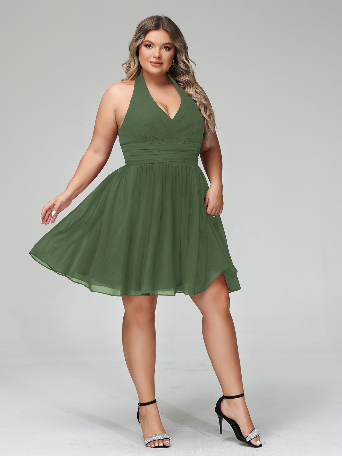 Natividad Cabestro Escote En V Gasa Corto Vestidos De Dama De Honor Verde Oliva Tallas Grandes