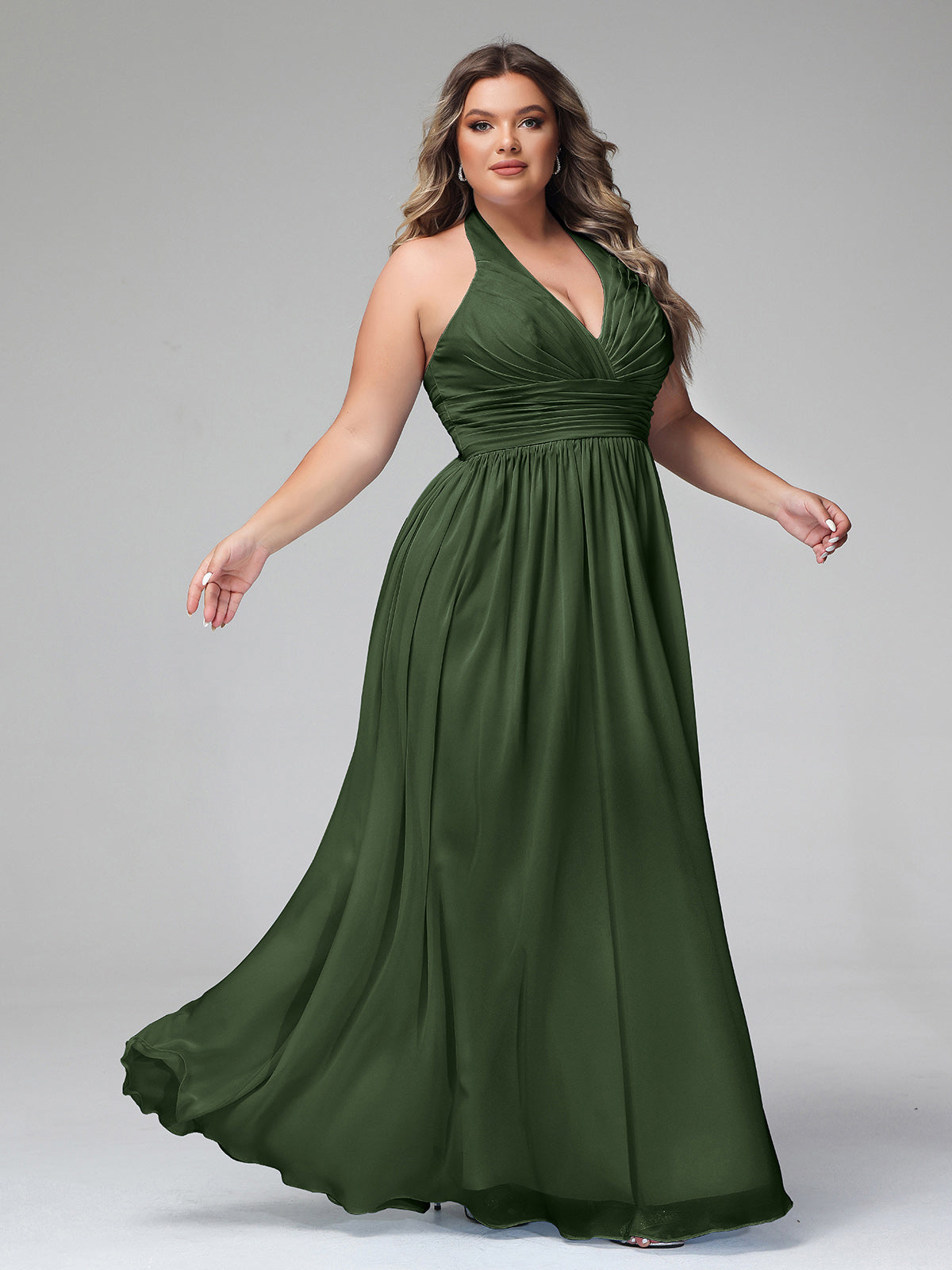 Nydia Cabestro Escote En V Corte De Dama De Honor Verde Oliva Tallas Grandes