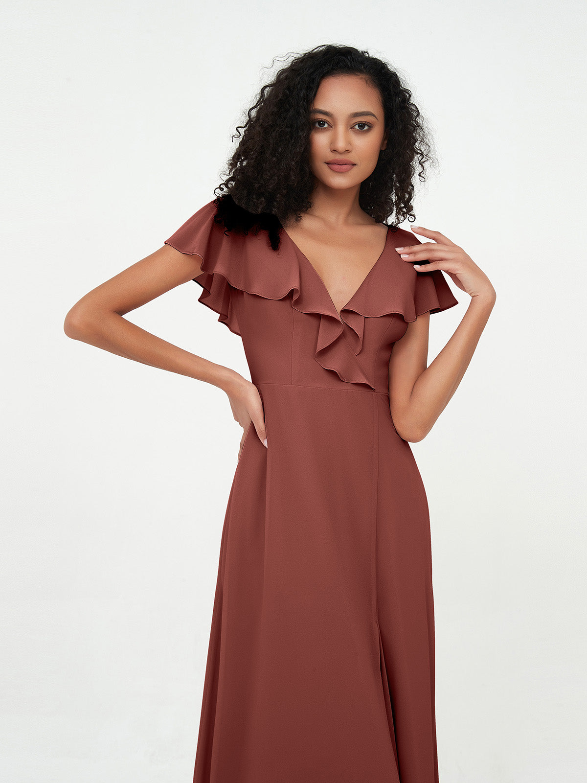 Vestidos estilo A-line de chiffon con escote en V y abertura Terracota Tallas Grandes