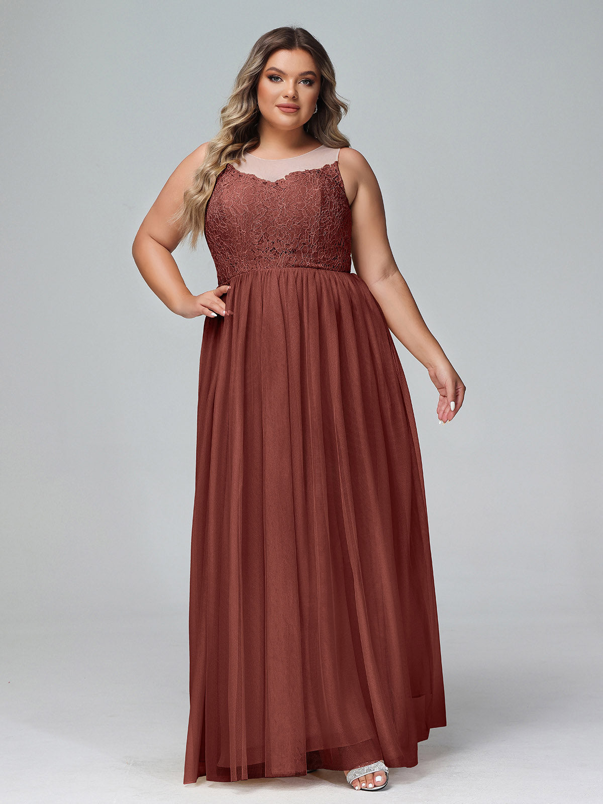 Vestido maxi de encaje y tul con escote ilusión Terracota Tallas Grandes