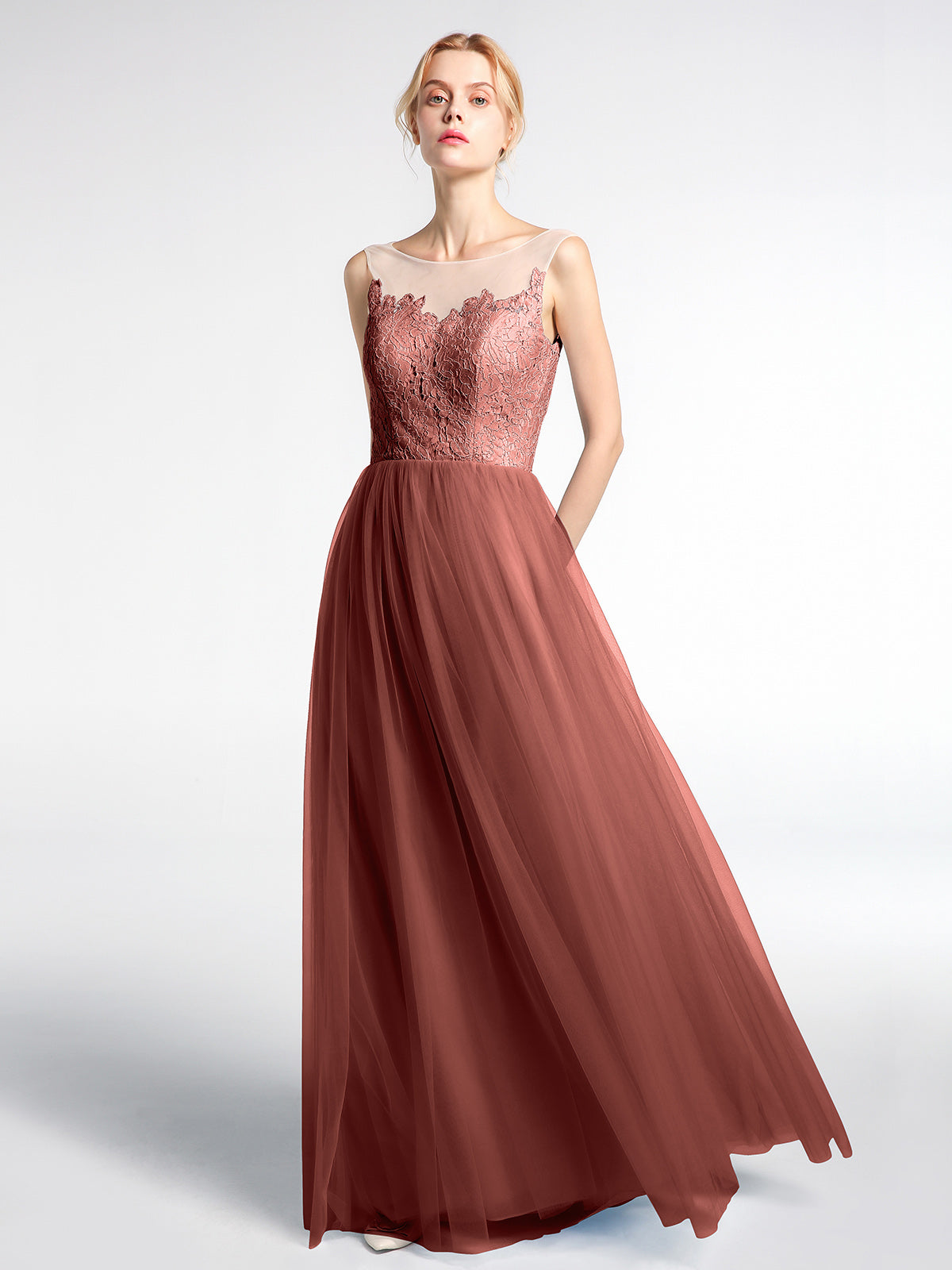 Vestido maxi de encaje y tul con escote ilusión Terracota