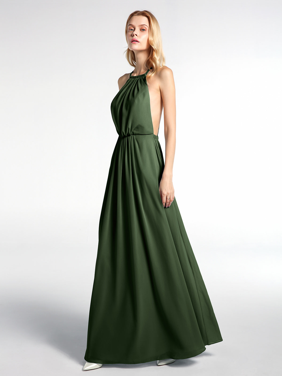 Vestido sexy maxi de chiffon con cuello halter y espalda baja Verde Oliva