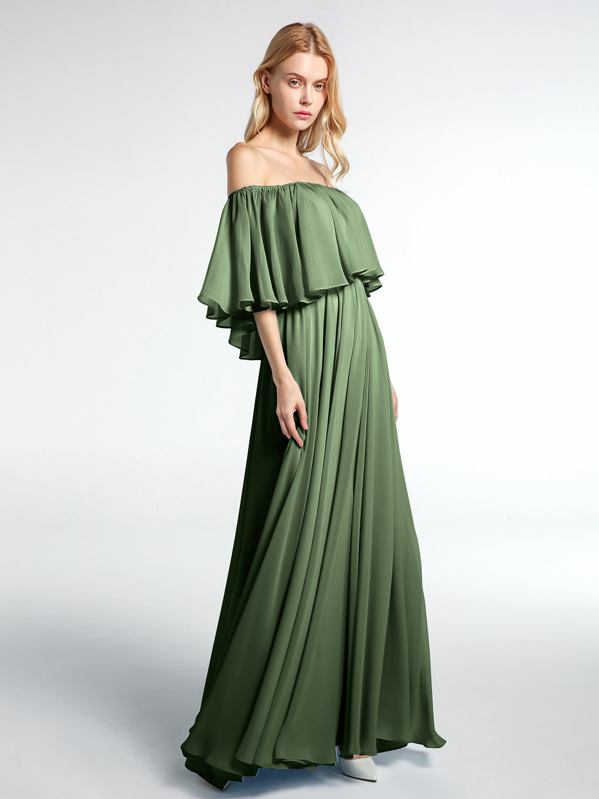Vestido maxi de chiffon con hombros descubiertos y volantes Verde Oliva