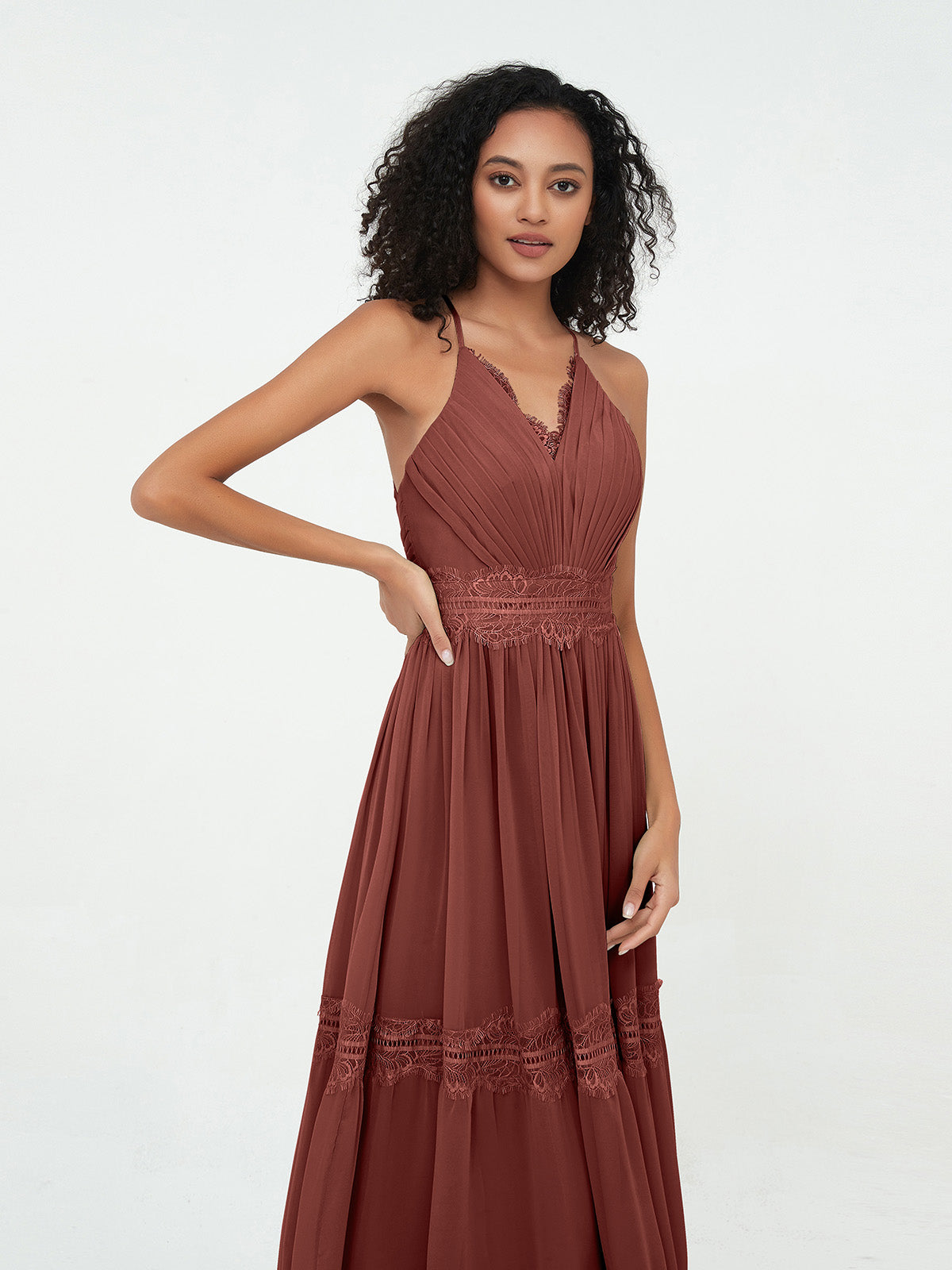 Vestidos boho con falda de encaje y chiffon en capas Terracota