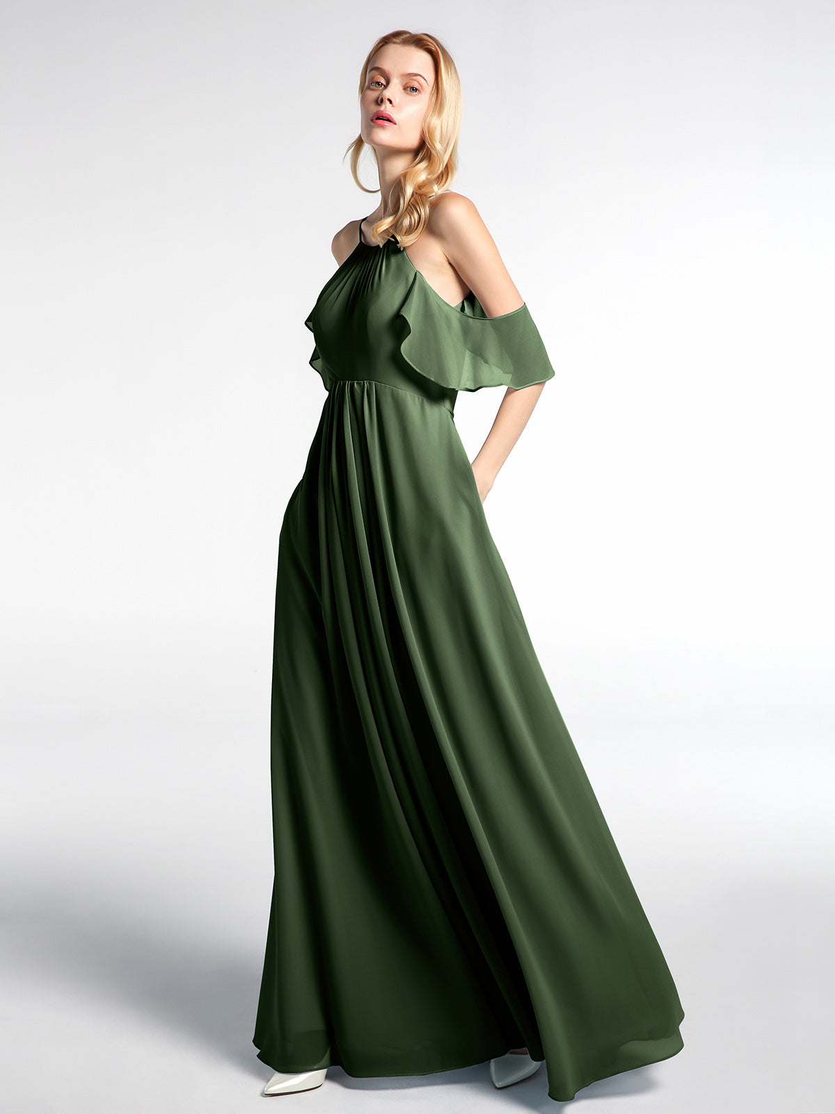 Vestido imperio de chiffon con hombros descubiertos y bolsillos Verde Oliva Tallas Grandes