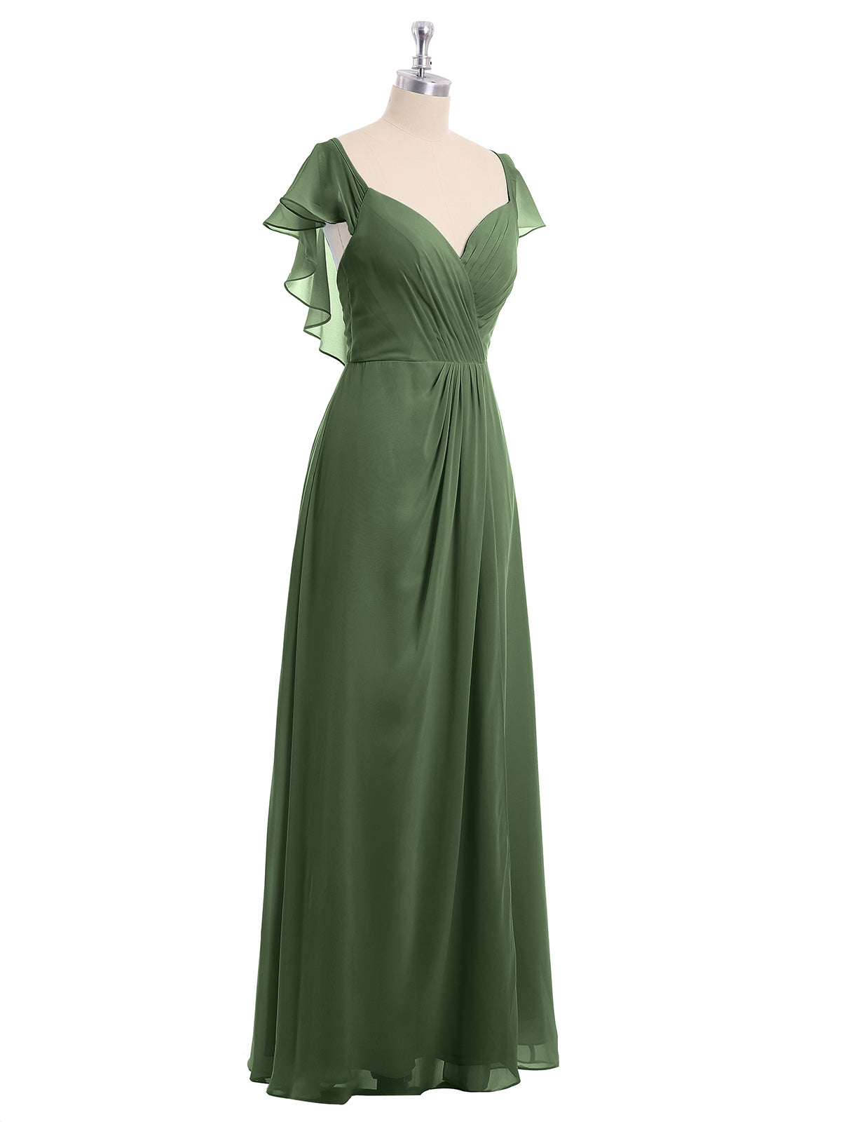 Vestidos de dama de honor de chiffon con mangas cap y abertura Verde oliva Tallas Grandes