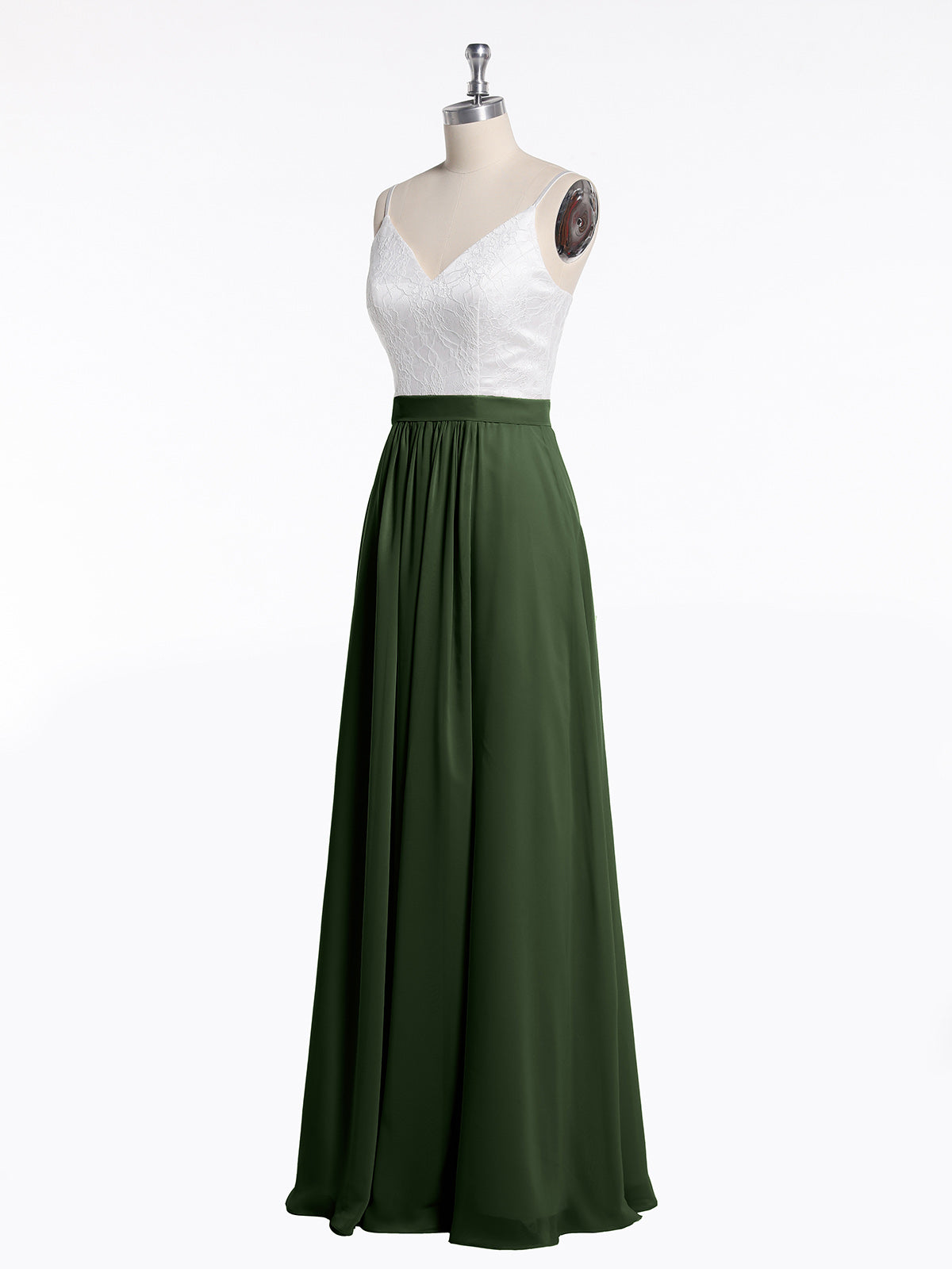 Vestidos de falda de chiffon con cuerpo de encaje marfil y abertura Verde Oliva