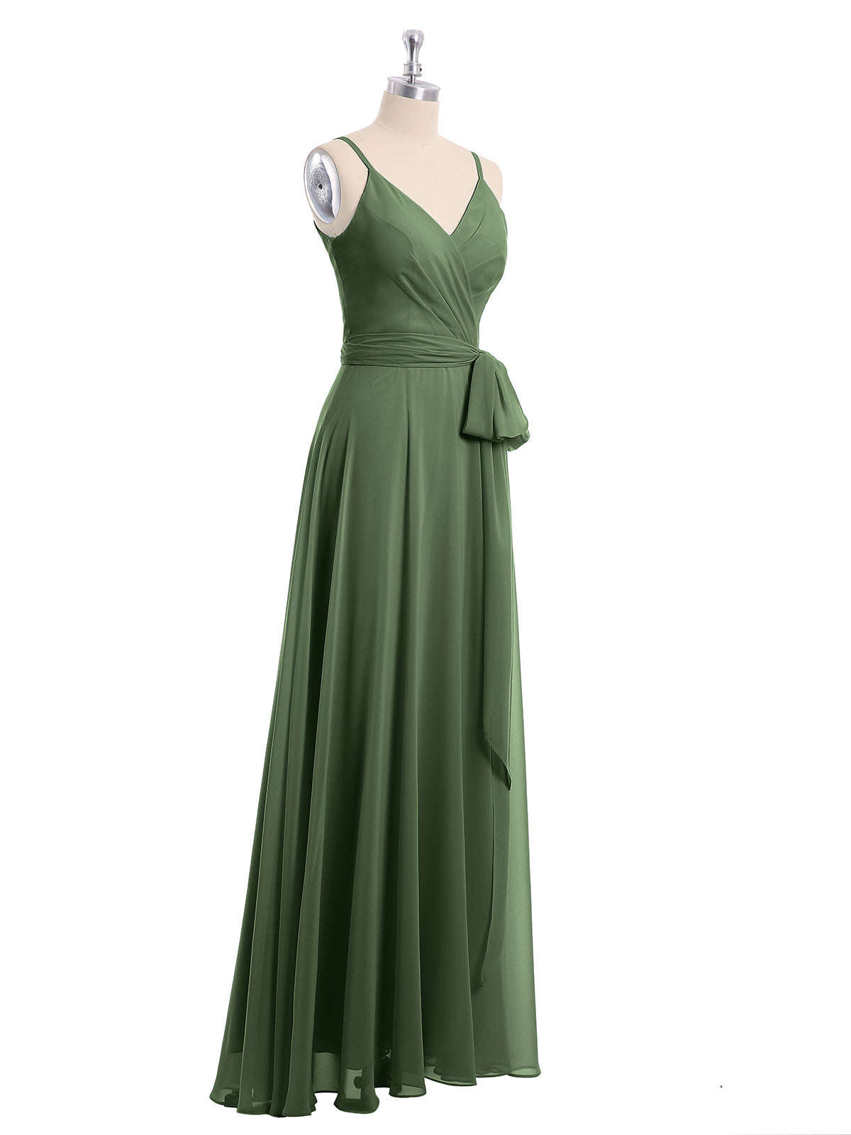 Vestidos de chiffon con tirantes finos y lazo de cinturón Verde Oliva
