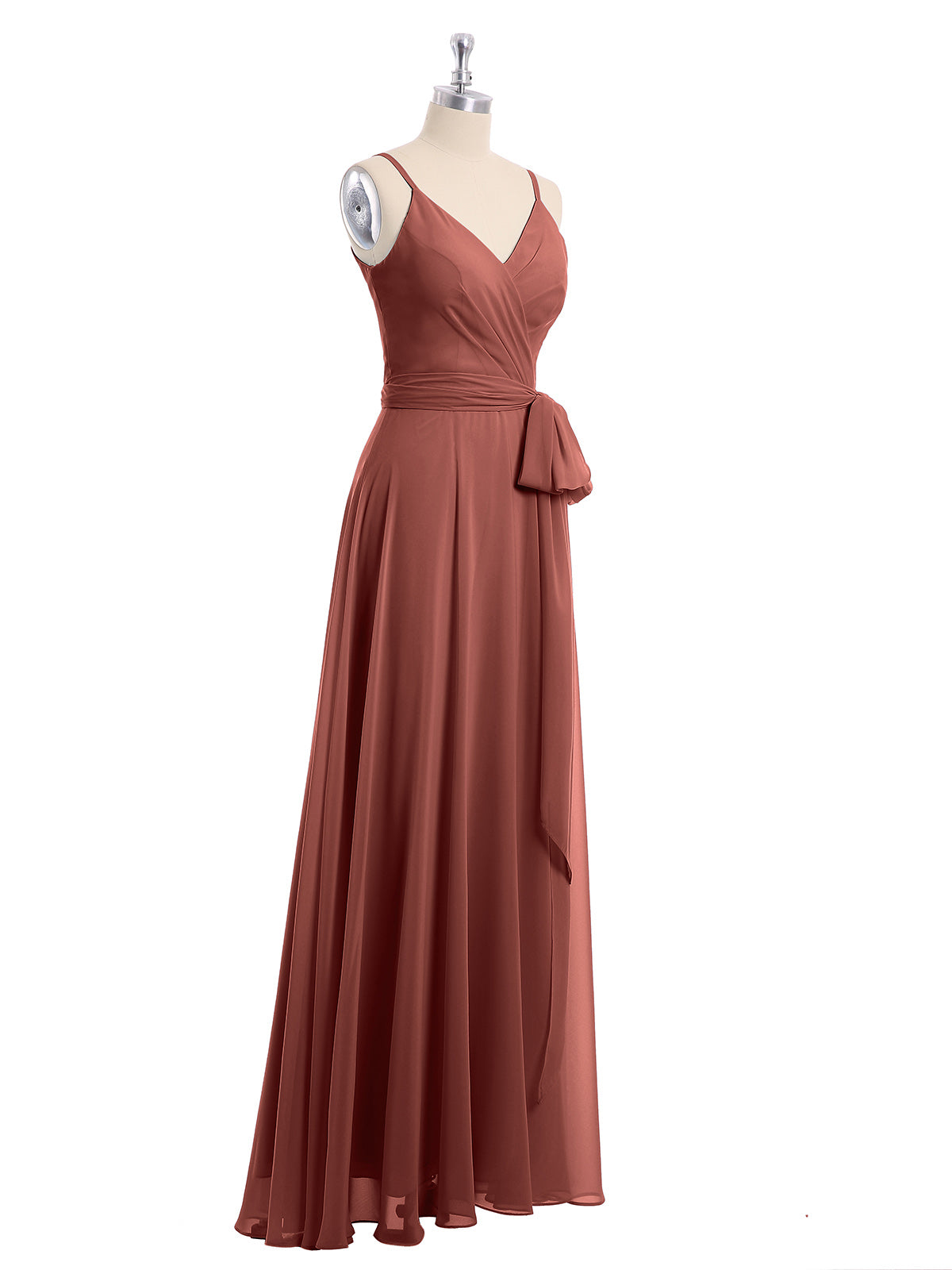 Vestidos de chiffon con tirantes finos y lazo de cinturón Terracota