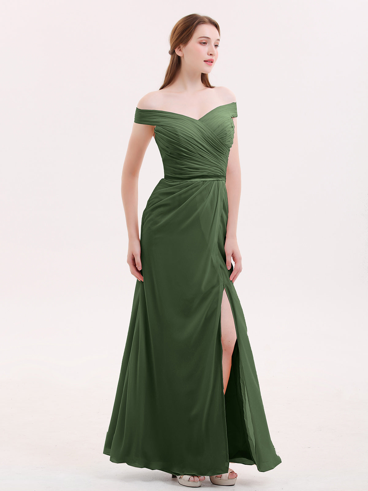 Sebastiane Fuera Del Hombro Gasa Vestidos Con Apertura Verde Oliva Tallas Grandes