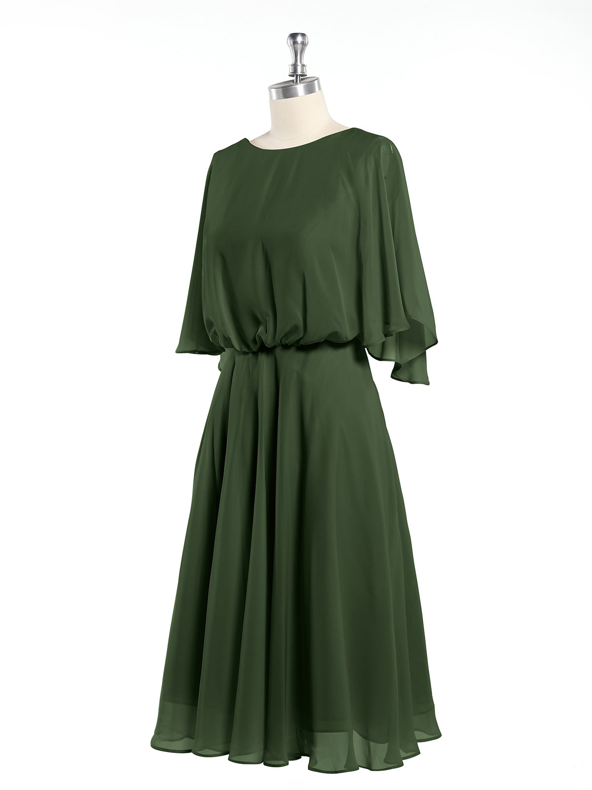 Vestidos cortos de chiffon con escote tipo scoop y mangas de volantes Verde Oliva