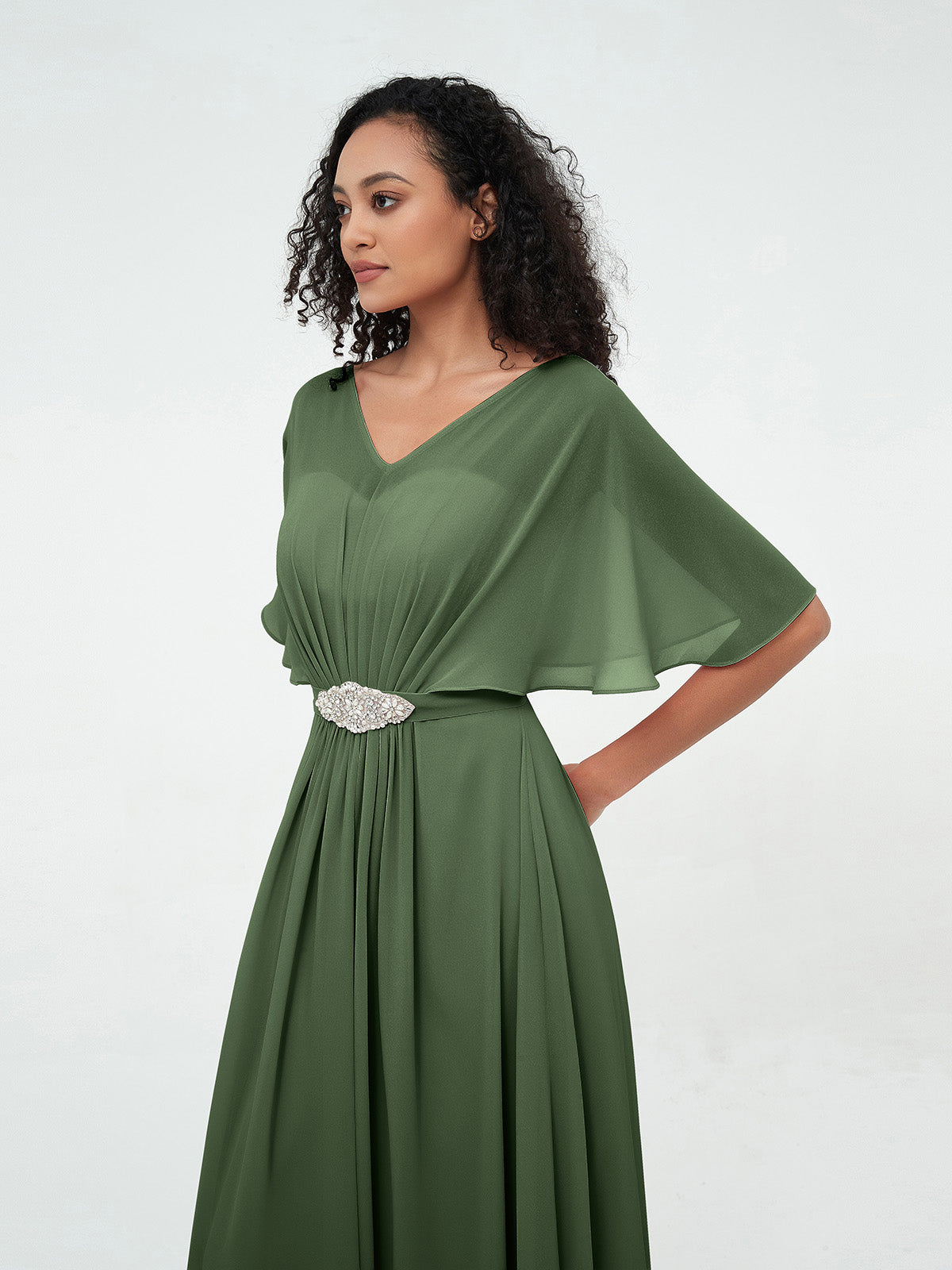 Vestidos máximos de chiffon con ilusión de escote corazón Verde Oliva