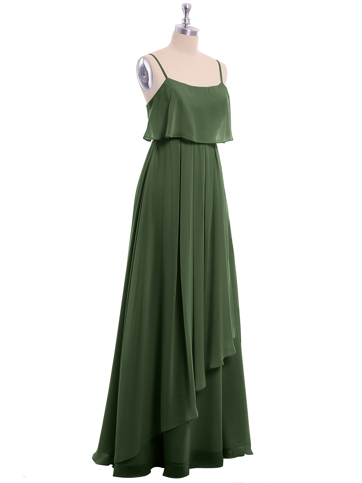 Vestido de chiffon con tirantes finos y falda tipo cascada Verde Oliva Tallas Grandes