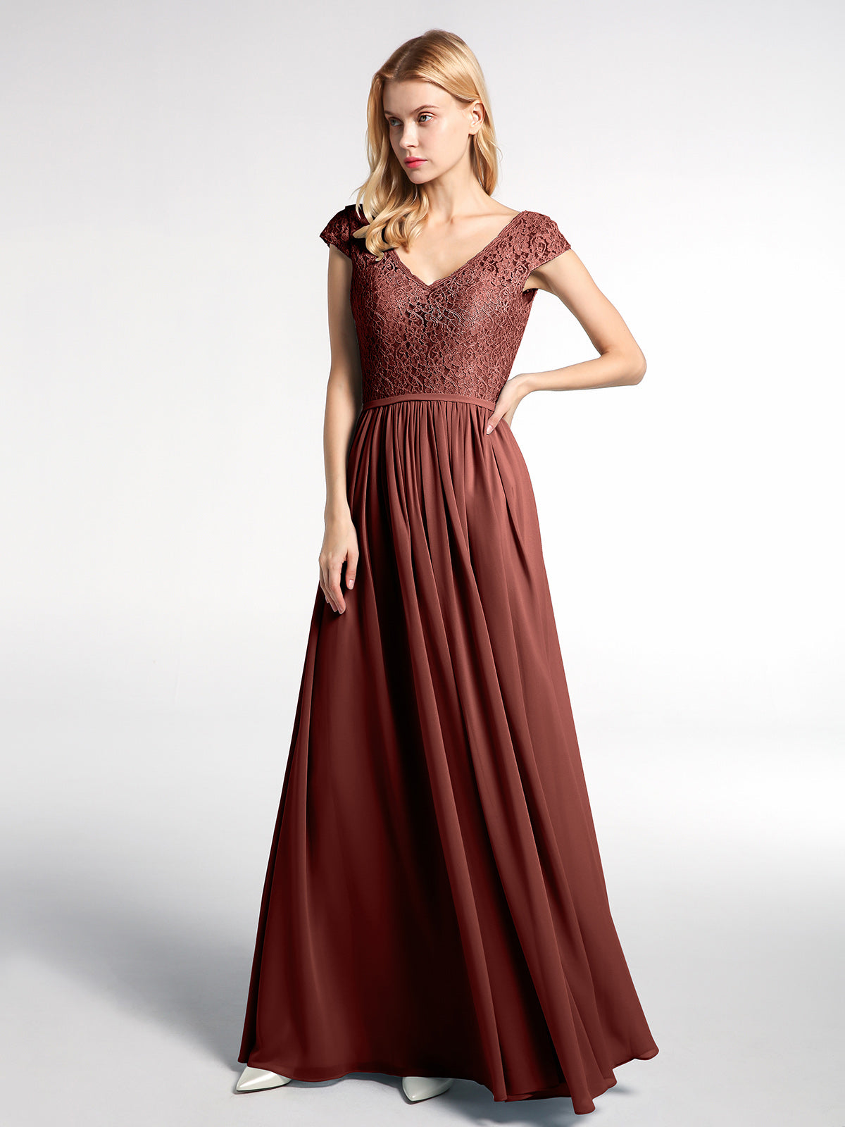 Vestido maxi de encaje y chiffon con mangas cortas Terracota Tallas Grandes