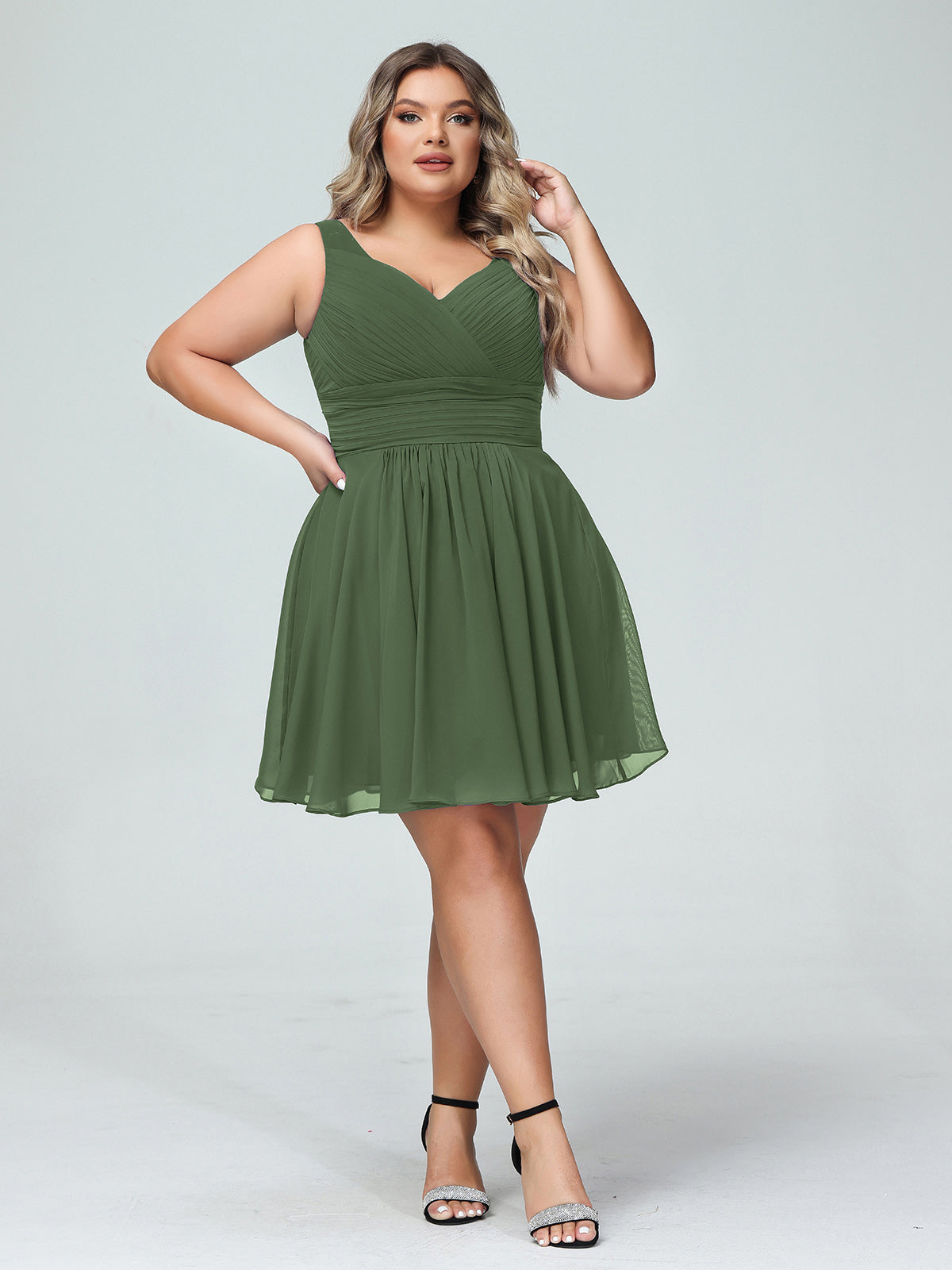 Shirley Escote En V Gasa Corto Vestidos De Dama De Honor Verde Oliva Tallas Grandes