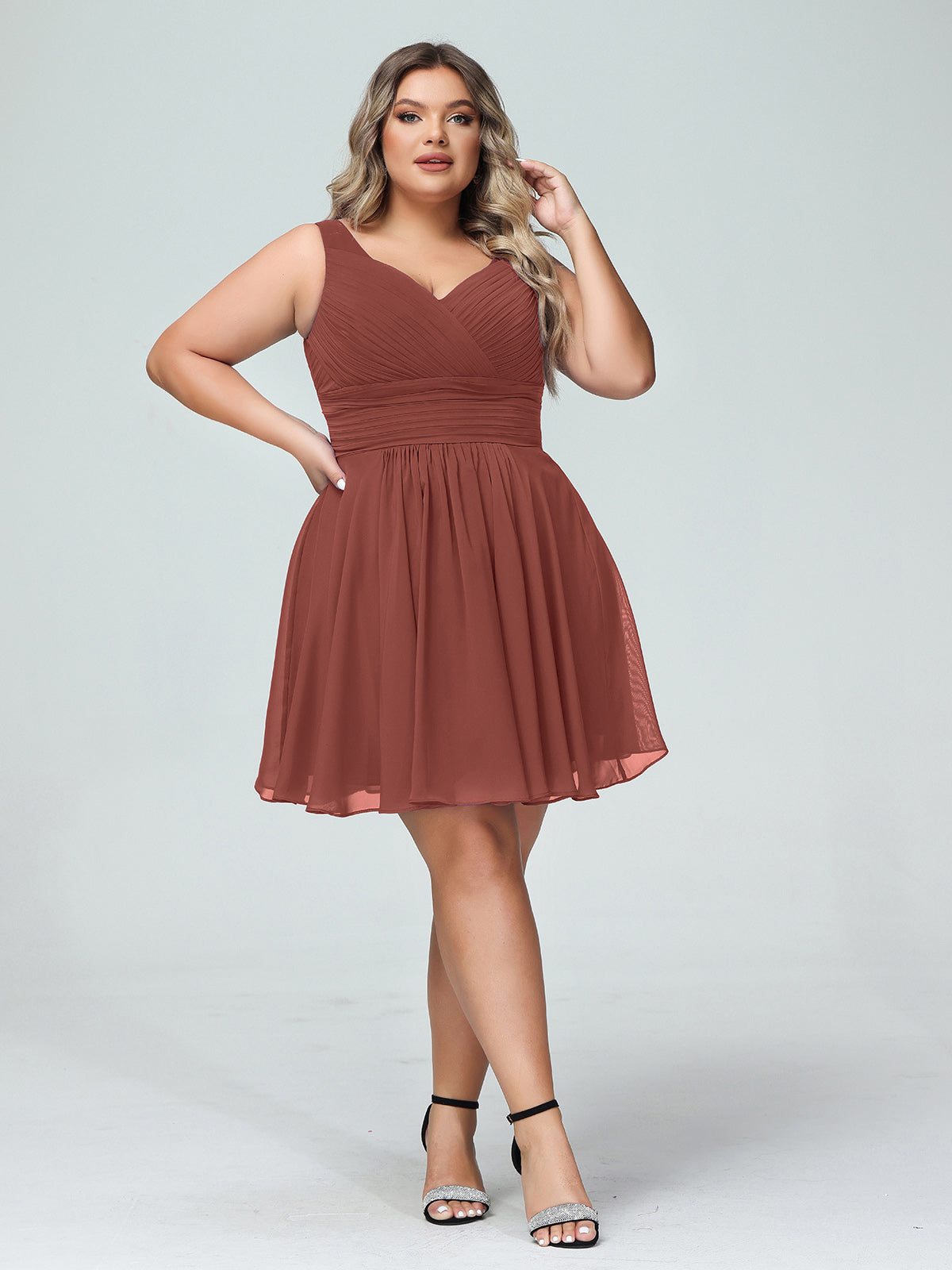 Shirley Escote En V Gasa Corto Vestidos De Dama De Honor Terracota Tallas Grandes