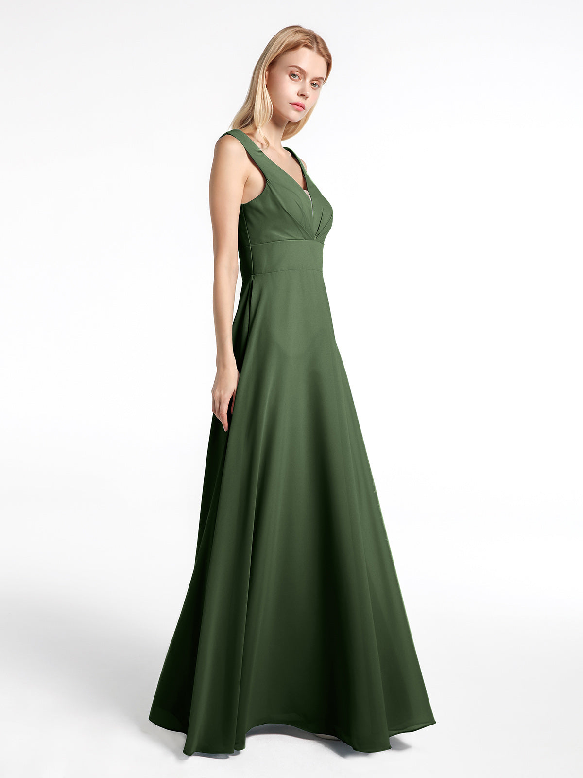 Vestido largo de chiffon sencillo con escote en forma de muesca Verde Oliva