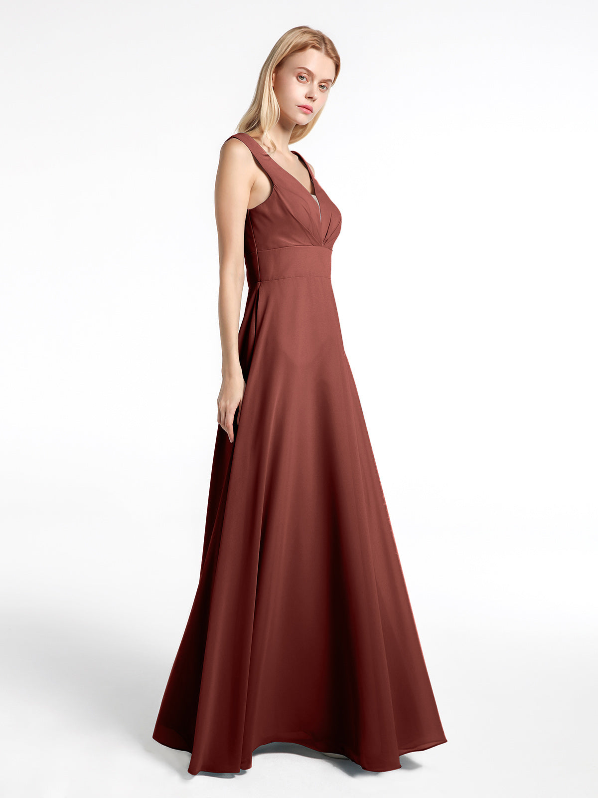 Vestido largo de chiffon sencillo con escote en forma de muesca Terracota