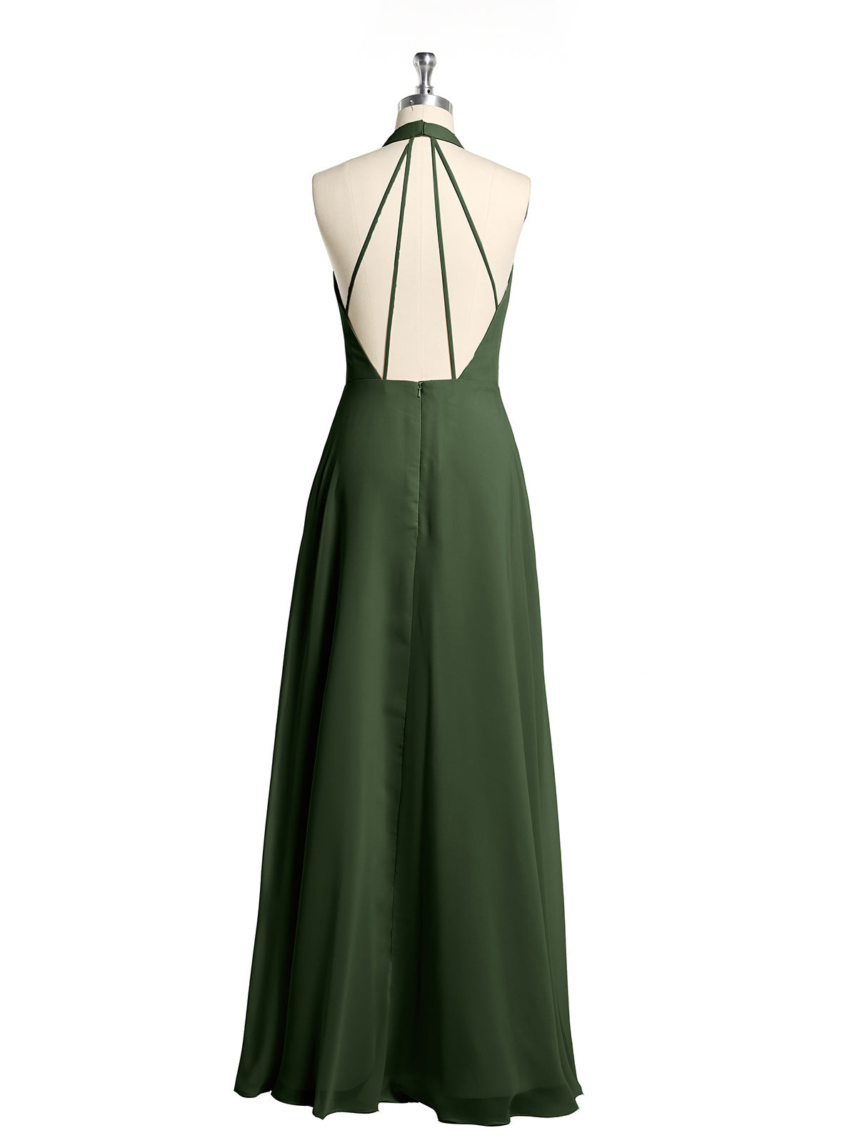 Vestidos largos de dama de honor estilo halter de chiffon con espalda baja Verde Oliva