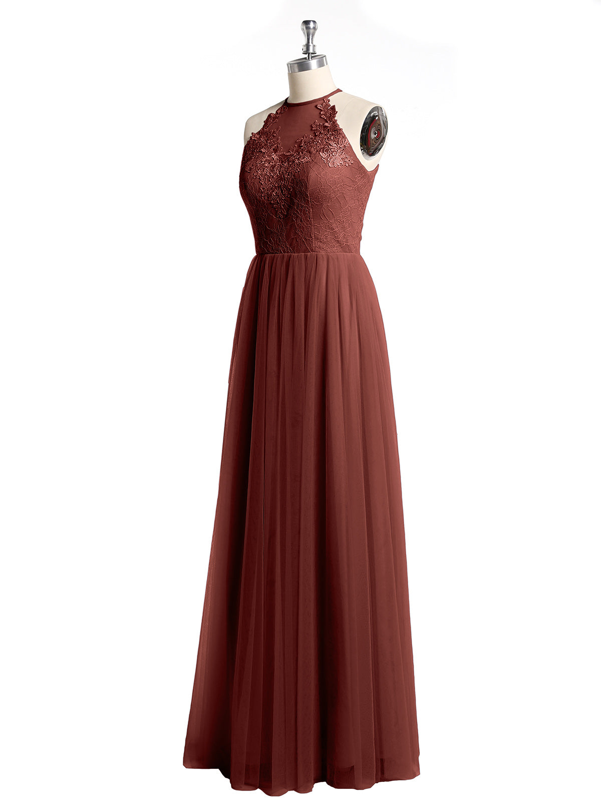 Vestidos largos con cuerpo de encaje y falda de tul Terracota
