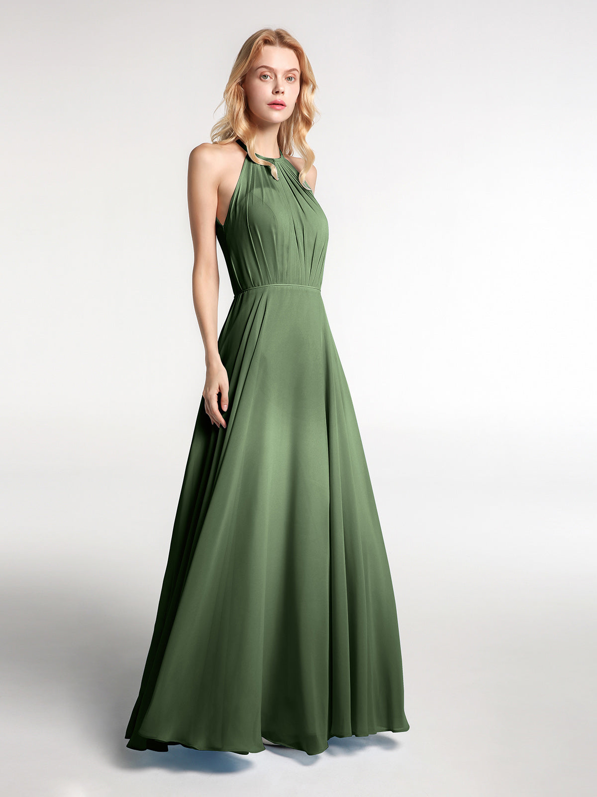 Vestido maxi de chiffon con cuello halter y falda circular Verde Oliva