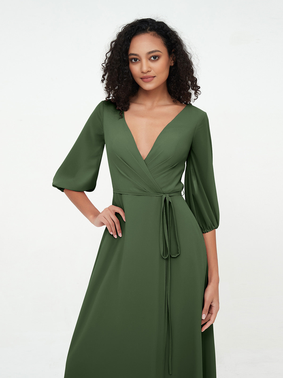 Vestidos máximos de chiffon con escote en V profundo y mangas 1/2 Verde Oliva Tallas Grandes