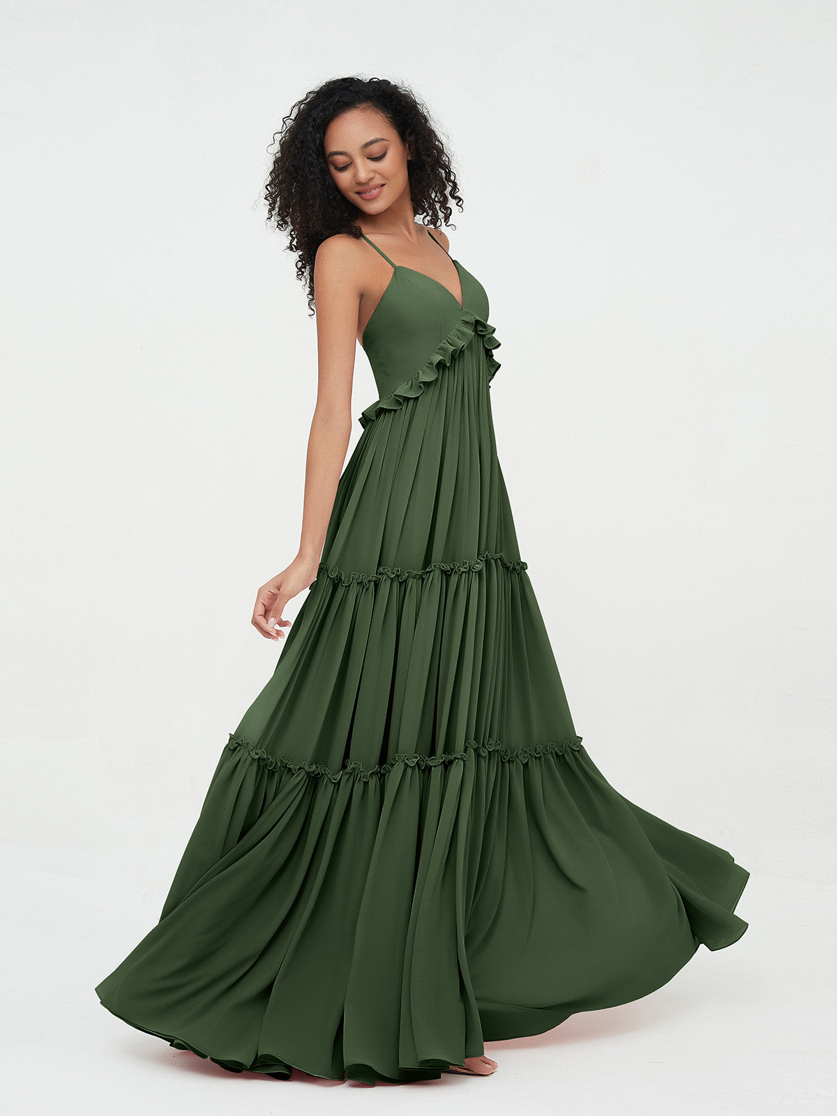 Vestidos máximos bohemios de chiffon con falda escalonada estilo Empire Verde Oliva Tallas Grandes