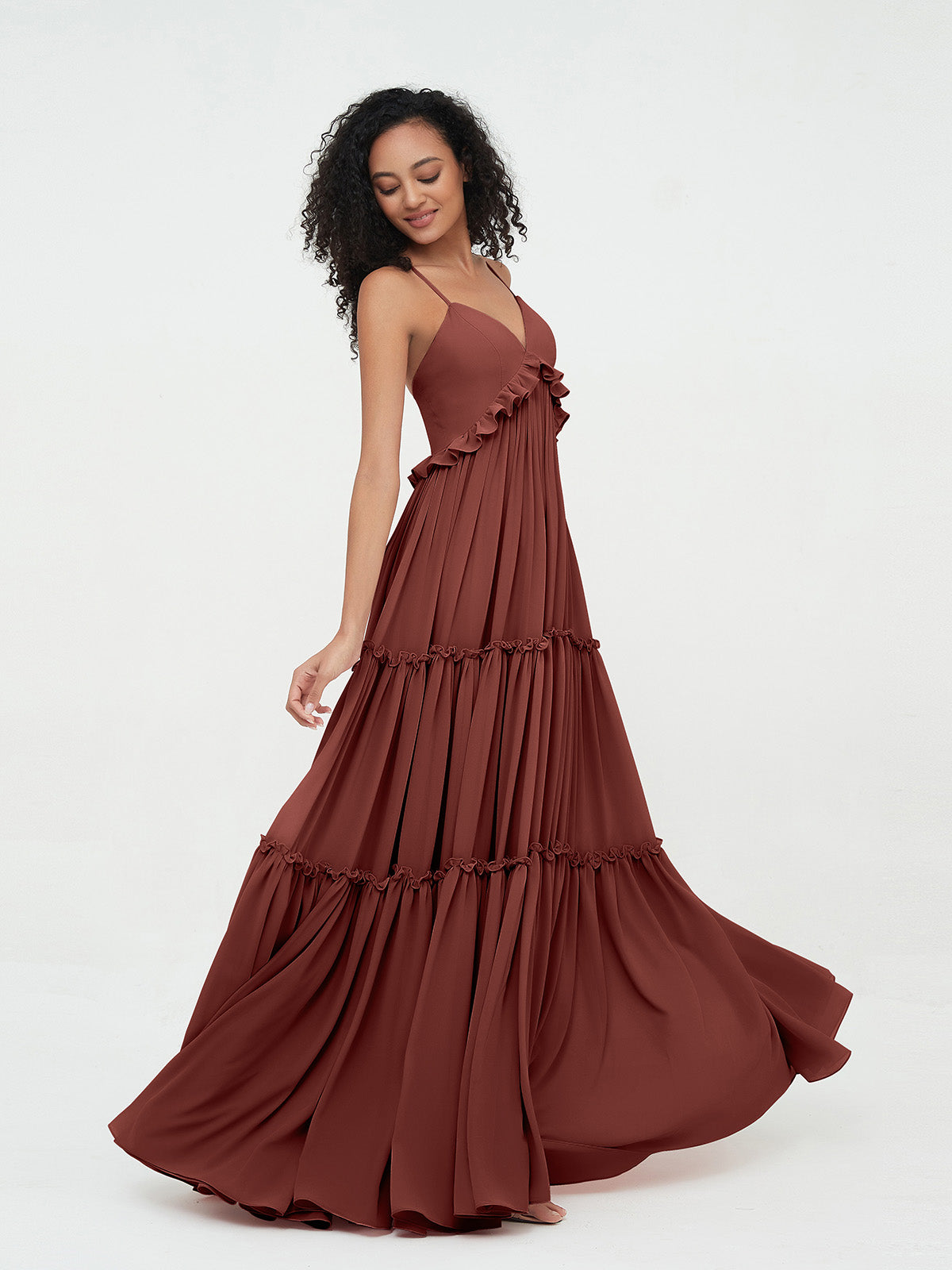 Vestidos máximos bohemios de chiffon con falda escalonada estilo Empire Terracota
