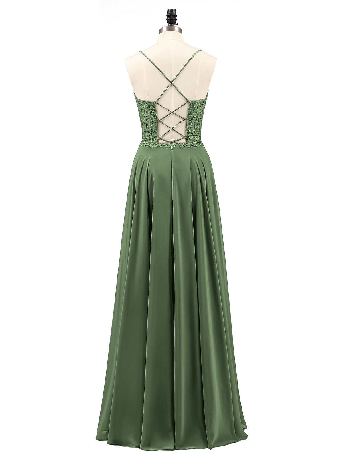 Veronica Tirante Espagueti Encaje Vestido Con Espalda Corse Verde Oliva