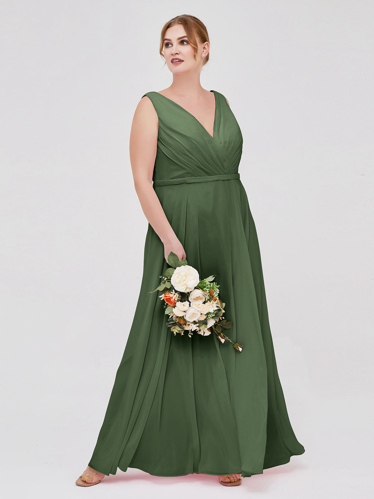 Vestidos de dama de honor de chiffon con escote en V y tirantes finos Verde Oliva