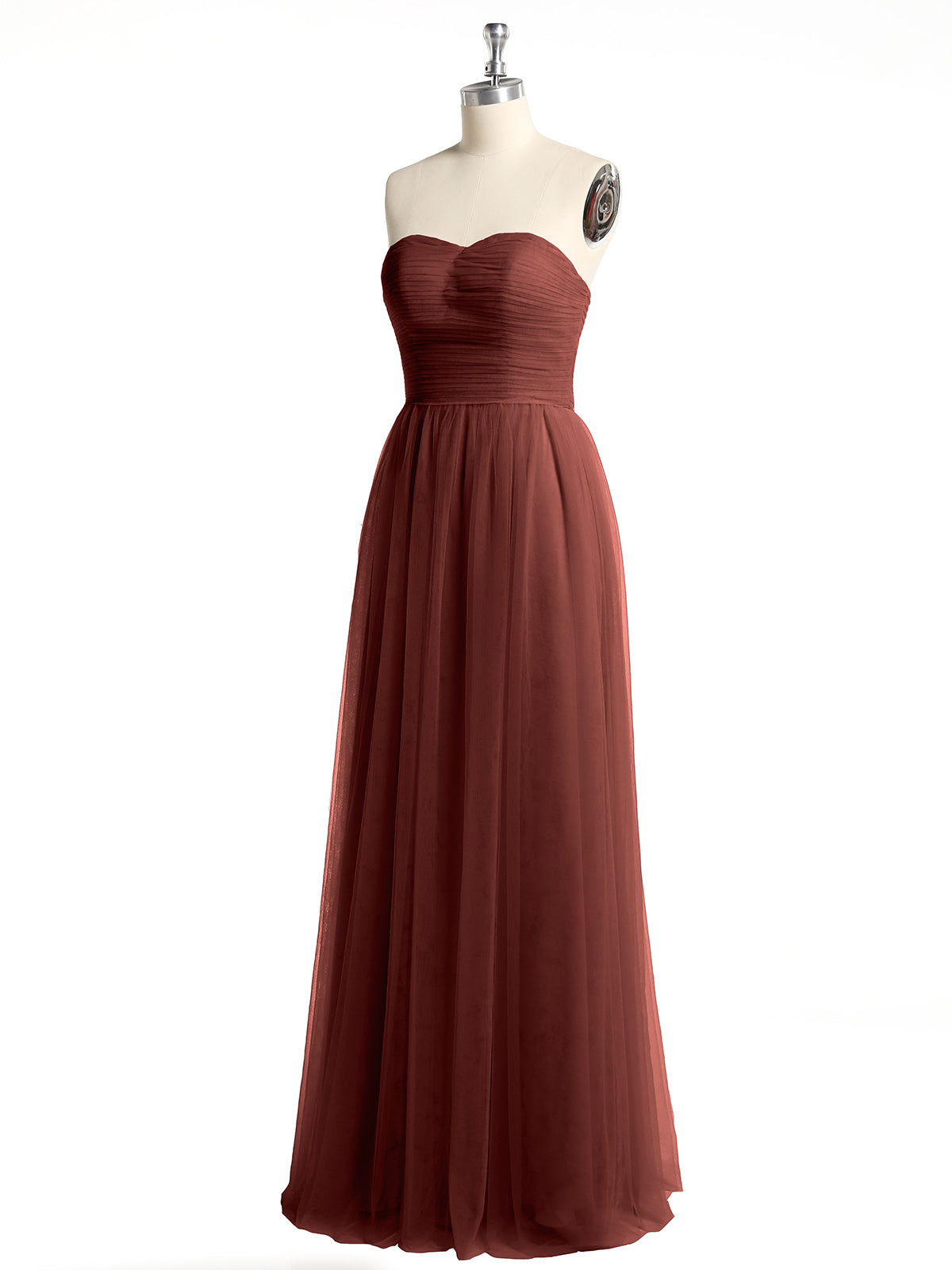 Vestidos largos de dama de honor sin tirantes con escote en corazón y falda de tul Terracota Tallas Grandes