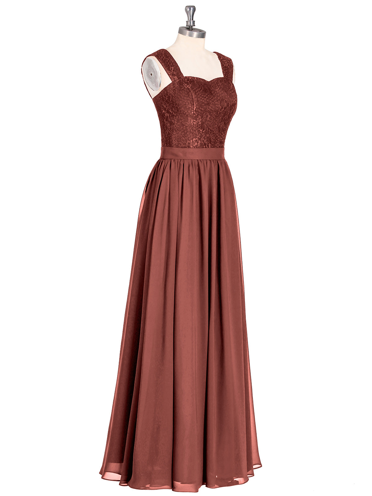 Vivien Hombro Tirante Encaje Y Gasa Largo Vestido Terracota